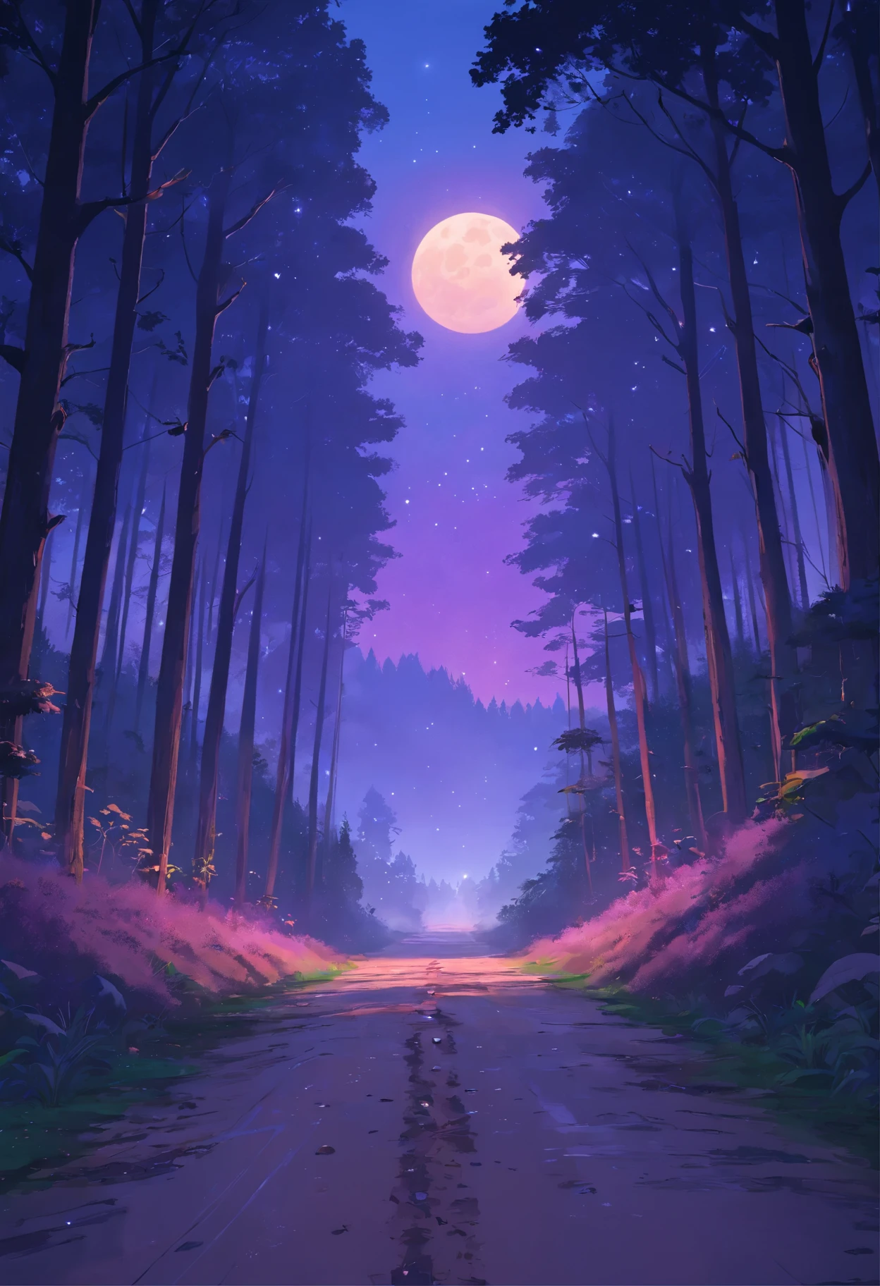 Create a Disney-style 3D illustration dirt road leading into a dark forest. Trees on either side of the road, dark purple mist flowing at the ground. Nighttime, full moon just above the horizon. Behind the forest, tall scary looking mountains can be seen