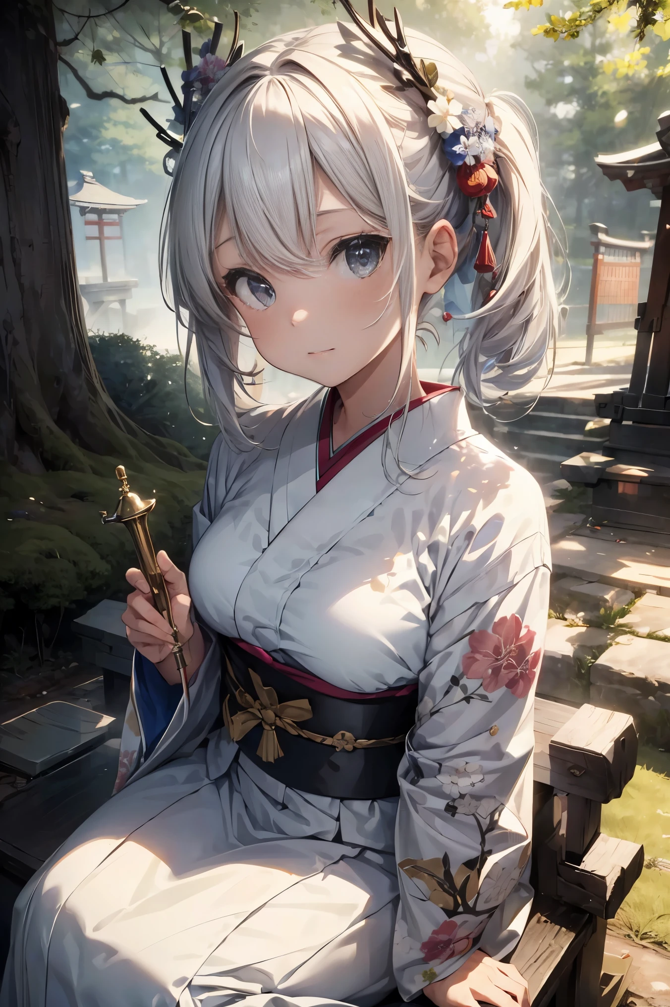 ((((masterpiece)))), High quality, Very_High_solve, 1 girl, {{them}}, ((trumpet)), ((white hair)), {{kawaii}}, Face, drunk, Furisode, gradient kimono, God&#39;s throne, hair accessories, sitting, lean back, sake, ((forest)), ((A Japanese shrine)), flagstone, FOG, wind, ((dappled sunshine)), white, ((looking at the audience)), close up