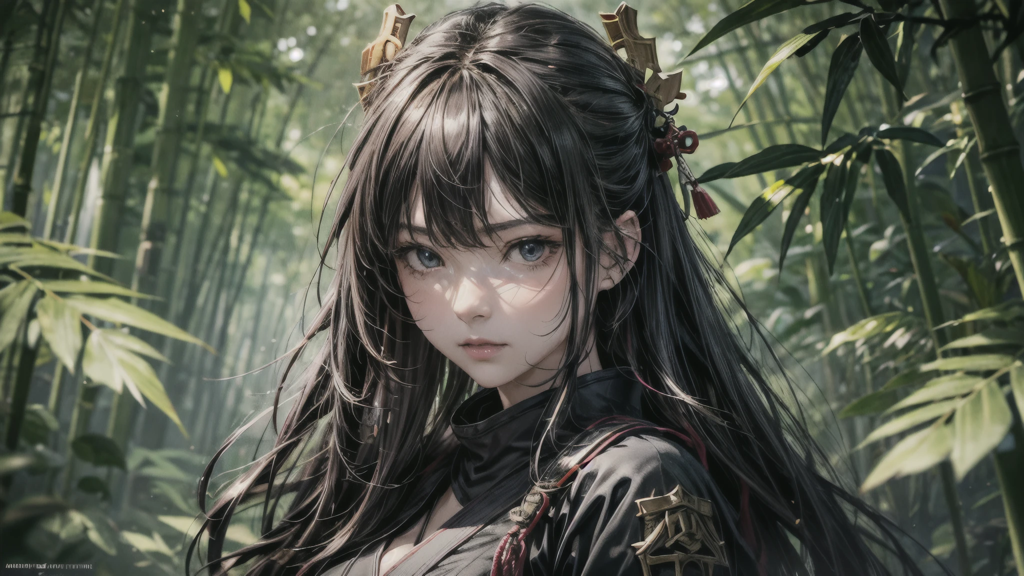 4K, realistic, highly details, dark night, Sad face, tear, There is a girl in the bamboo forest, she is a samurai, big bust, A Japanese sword with a sharp edge shining in the moonlight, war theme, soft clothes, long hair, wearing a bikini, 25 years old,Appearance from thighs to face,
