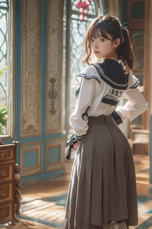 (arms behind back) , masterpiece , top quality , very detailed , 1 person, ((contrasting eyes)) , standing , blouse, skirt , bangs , room , indoor