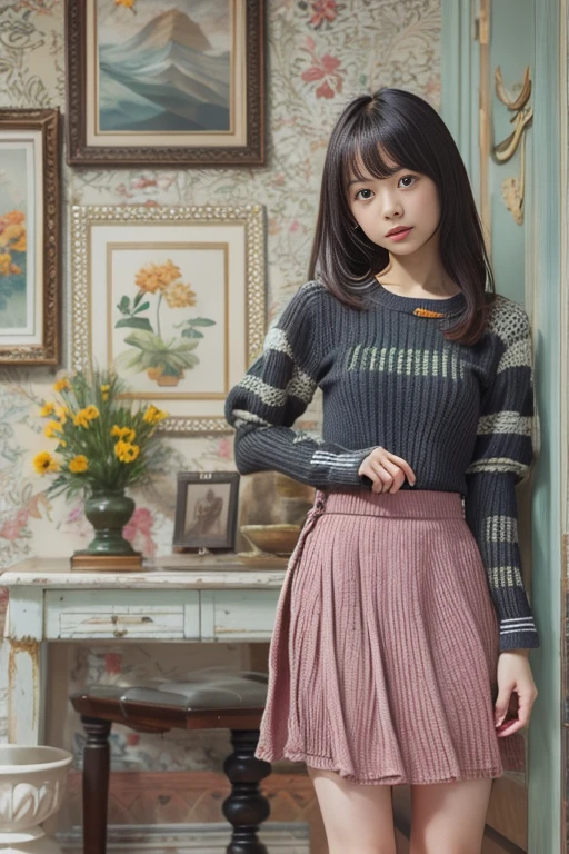 (arms behind back) , masterpiece , top quality , very detailed , 1 person, ((contrasting eyes)) , standing , blouse, skirt , bangs , room , indoor
