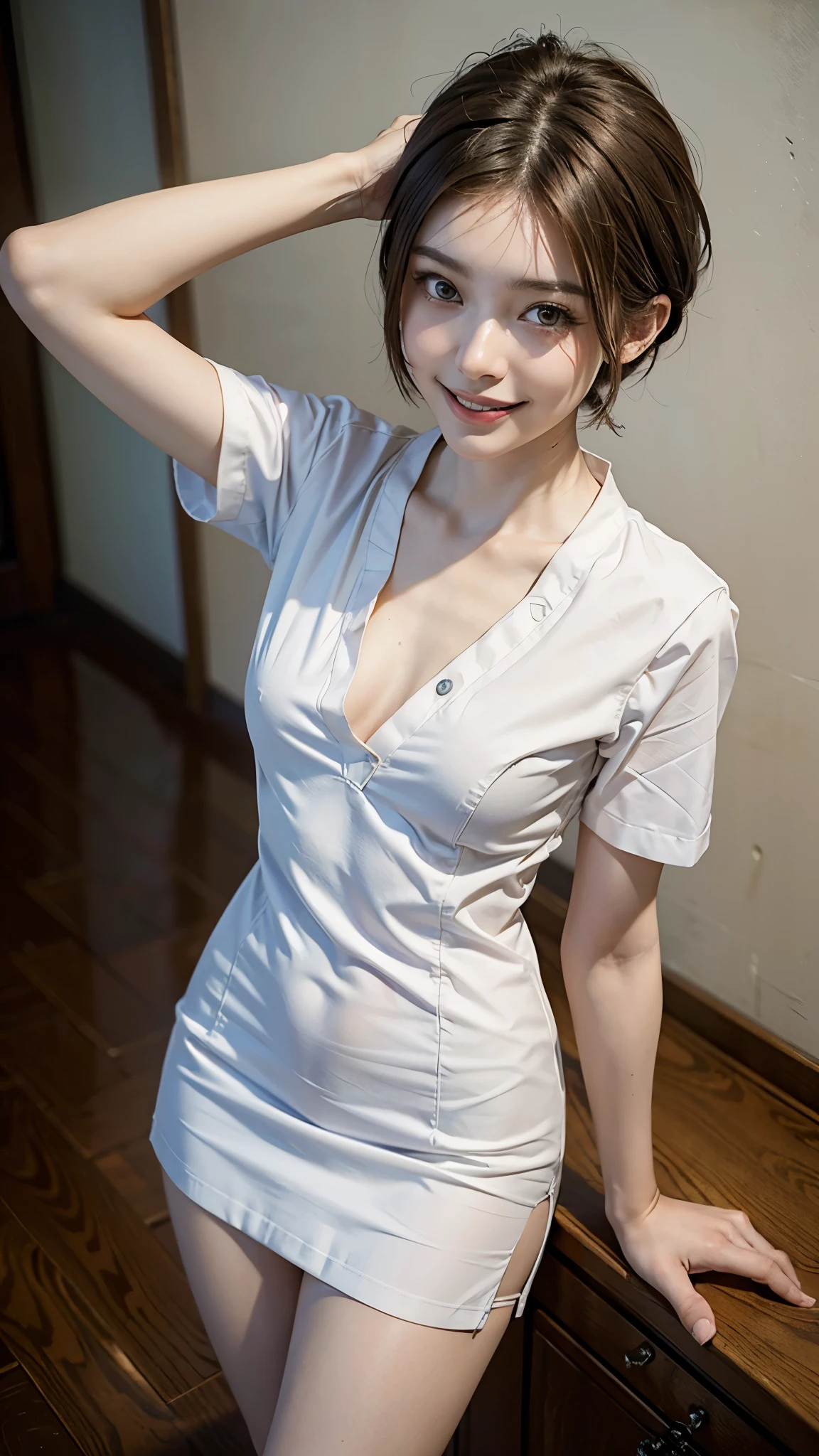 highest quality, masterpiece, ultra high resolution, (realistic:1.4), (close portrait) RAW photo, 1 girl, 22 years old,slender body,small breasts,(nurse cosplay),(Nurse Cosplay)(Miniskirt Uniform))((straight short hair)),((Pulling up your hair)),((looking up at the viewer)), realistic pictures, ((small breasts)),((toothy smile)),