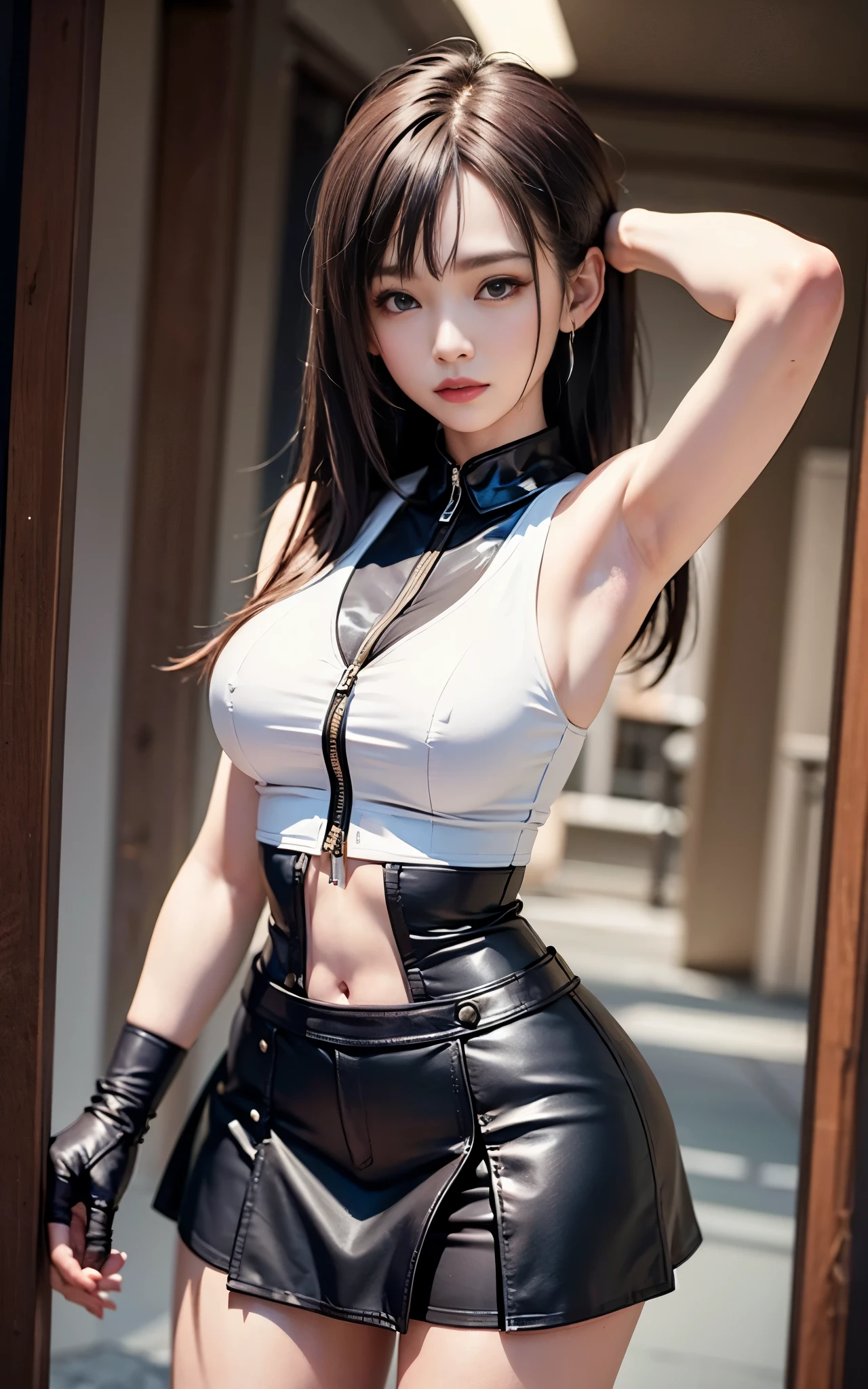 best quality,master piece,High resolution,(beautiful face),looking at the viewer,Are standing,((Half body)),((White vest)),((black leather skirt)),Hands in gloves,right arm hanging down