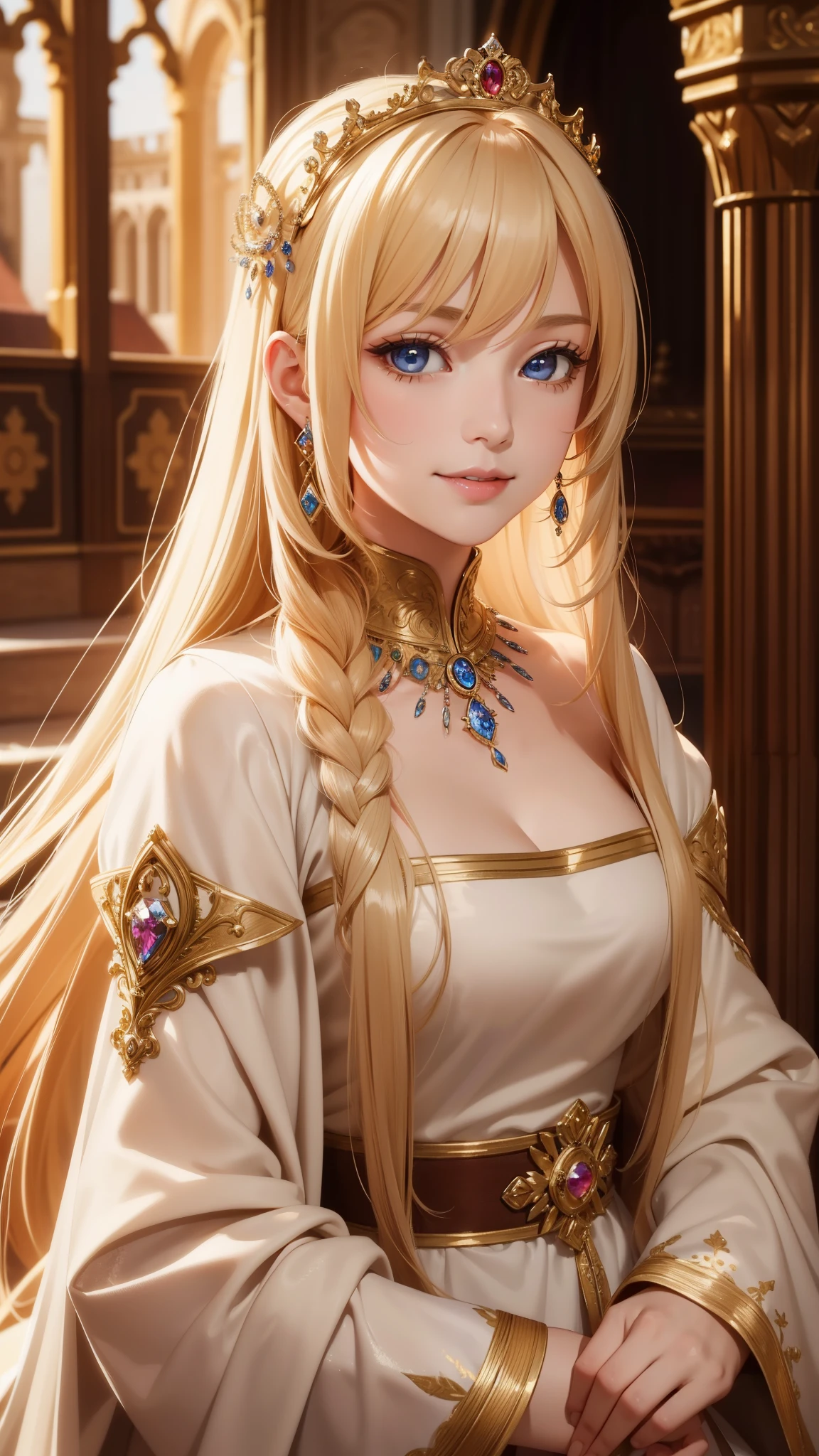 "A beautiful blonde princess with long hair stands gracefully in the grand courtyard of Camelot, the capital of Albion Kingdom. She is adorned in a stunning medieval-style gown made of luxurious velvet and adorned with intricate gold embroidery. The courtyard is bustling with people, surrounded by grand stone buildings and lush gardens. The princess performs a traditional dance, her movements elegant and refined. Banners with the kingdom's emblem flutter in the breeze, and the crowd watches in awe, clapping and cheering. The scene is illuminated by the bright afternoon sun, highlighting the princess's radiant smile and the vibrant colors of her attire.",(((Upper body)))