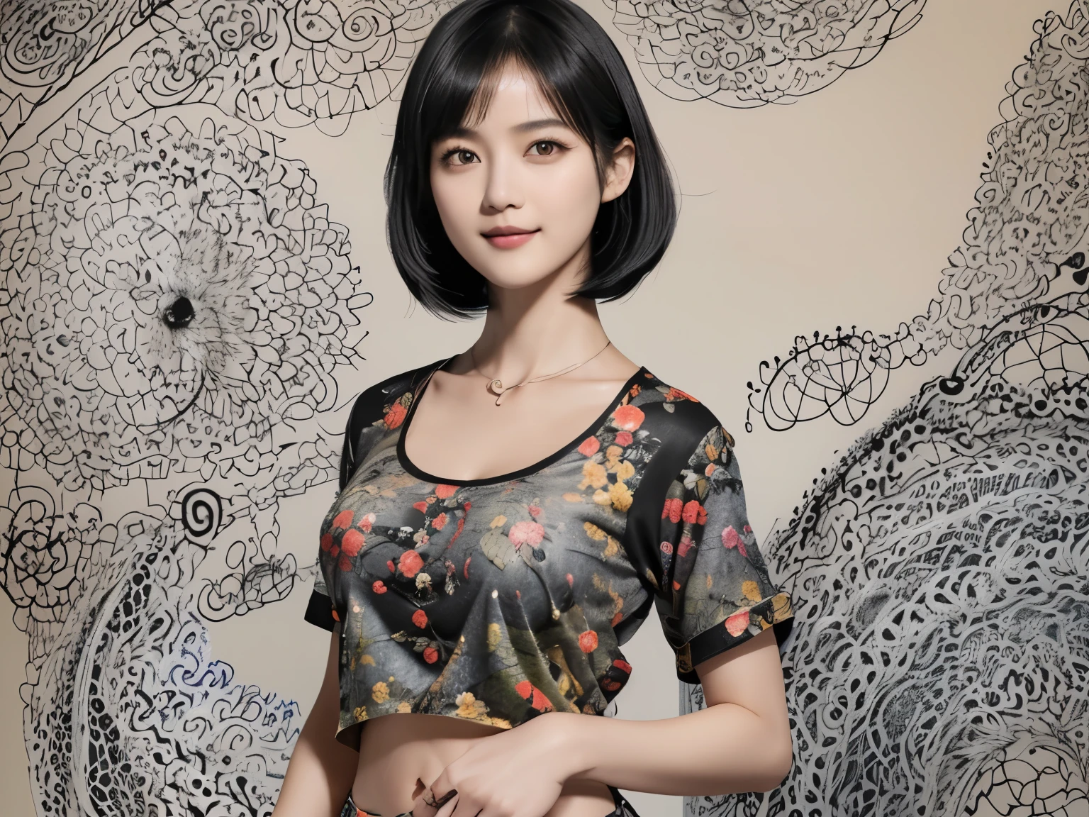 155
(Black Shorthair:1.46),  (a 20 yo woman), (A hyper-realistic), (Masterpiece), (8KUHD), (gentle smile), Slender waist, Wearing jeans, ((Floral Clothing - T-Shirts)), Wearing long pants, abstract painting, (doodle:1.46), (large breasts with good shape), (口紅)
