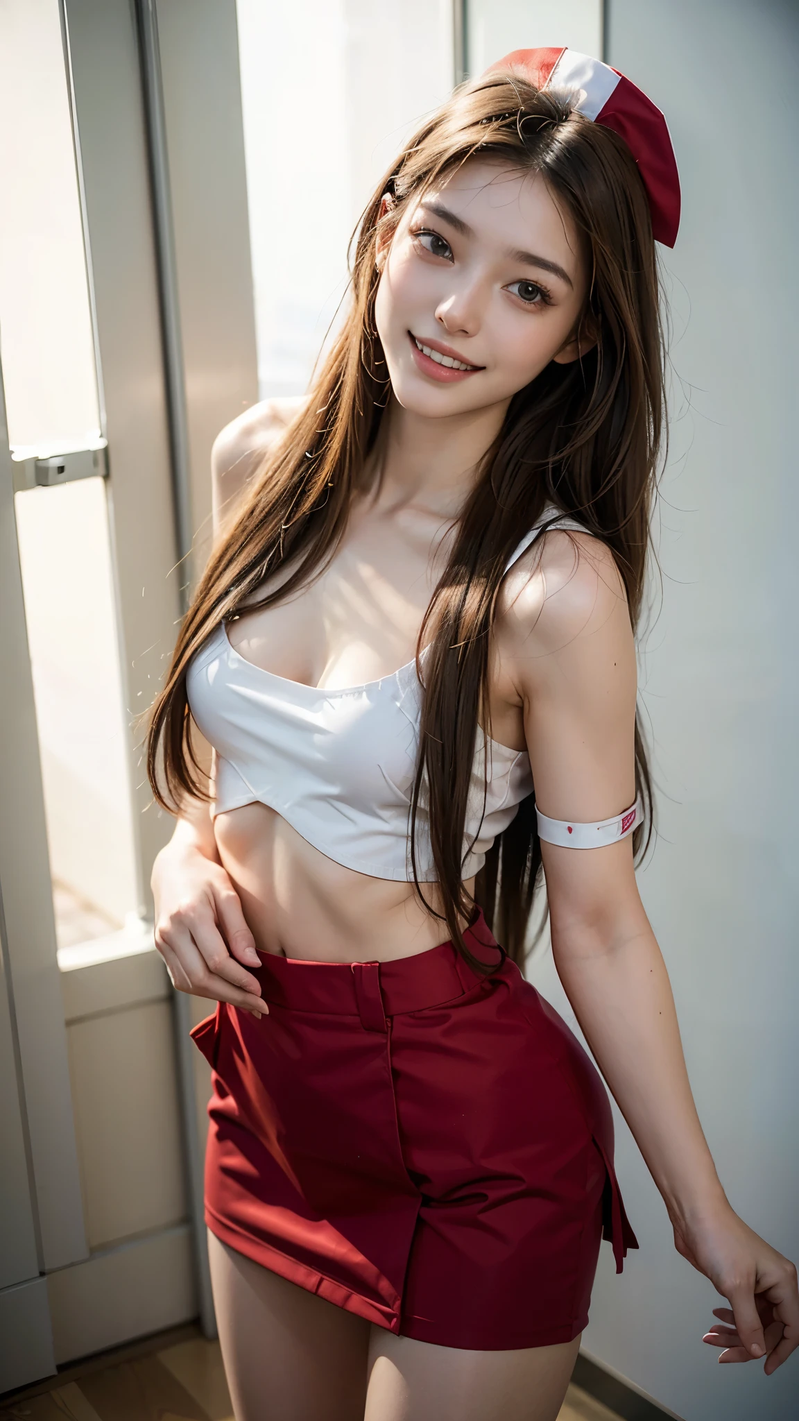 highest quality, masterpiece, ultra high resolution, (realistic:1.4), (close portrait) RAW photo, 1 girl, 22 years old,slender body,small breasts,Red Cross(nurse cosplay),(Nurse Cosplay)(Miniskirt Uniform))((straight long hair)),((Pulling up your hair)),((looking up at the viewer)), realistic pictures, ((small breasts)),((toothy smile)),