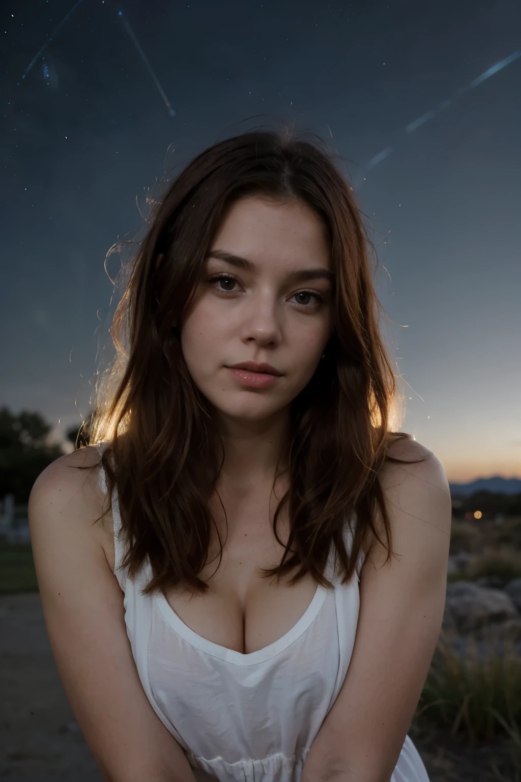 Redhead girl watching the stars ( illuminated sky )