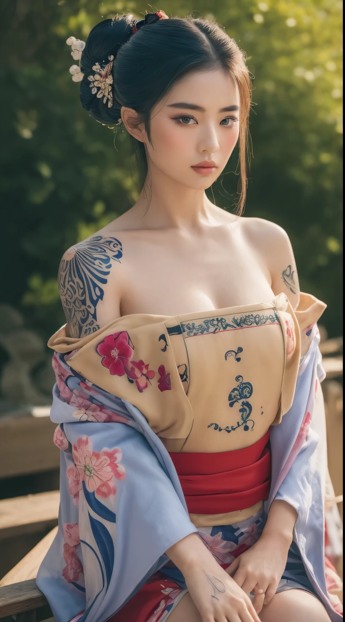 A close-up portrait of (a japanese women:1.5) with (red yukata), that is hanging down (exposed (irezumi tattoo:1.3) on her breast and shoulder), red hair with braid style, she is beautiful girl with grayish eyes, skinice soft face, red hair, slim fit body, soft and smooth skin, sensual posture, droopy plump breast, angelic looks, (sitting with cross-legged:1.2) and (hug her breast up:1.2), rooftop with skyline, (in the daylight:1.3), photon mapping, natural lighting, light color tones, (seen from below:1.2), 