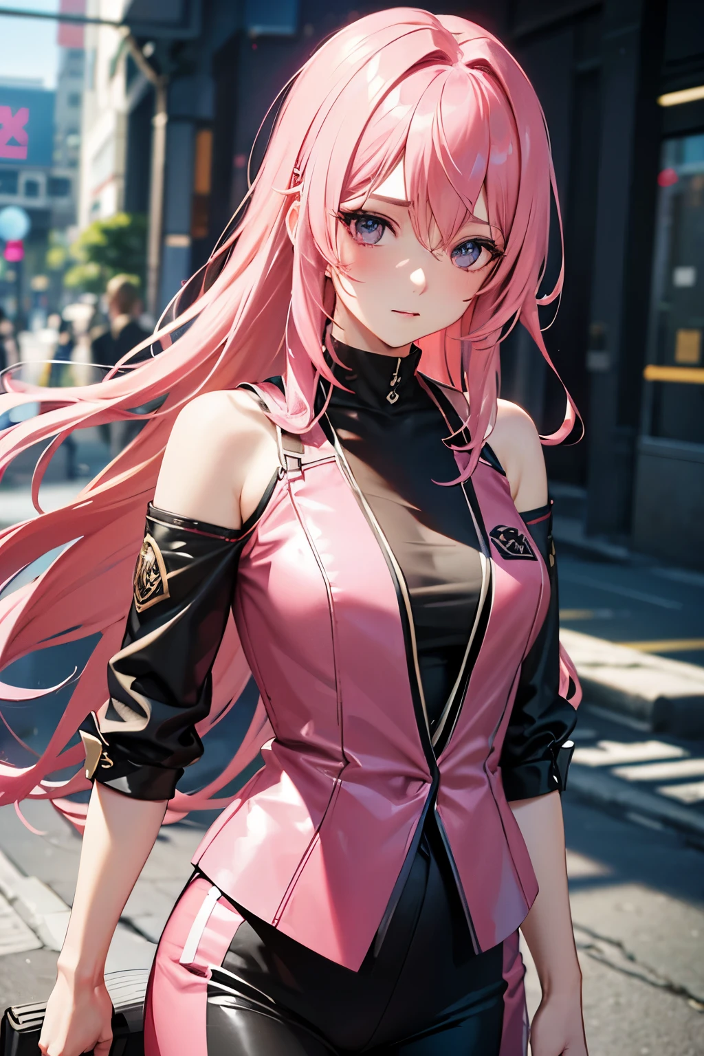 pink hair,long hair,single sidelock hairpin blush modern cinematic lighting,ray tracing,drop shadow wide shot UHD,textured skin,high details,best quality 4K