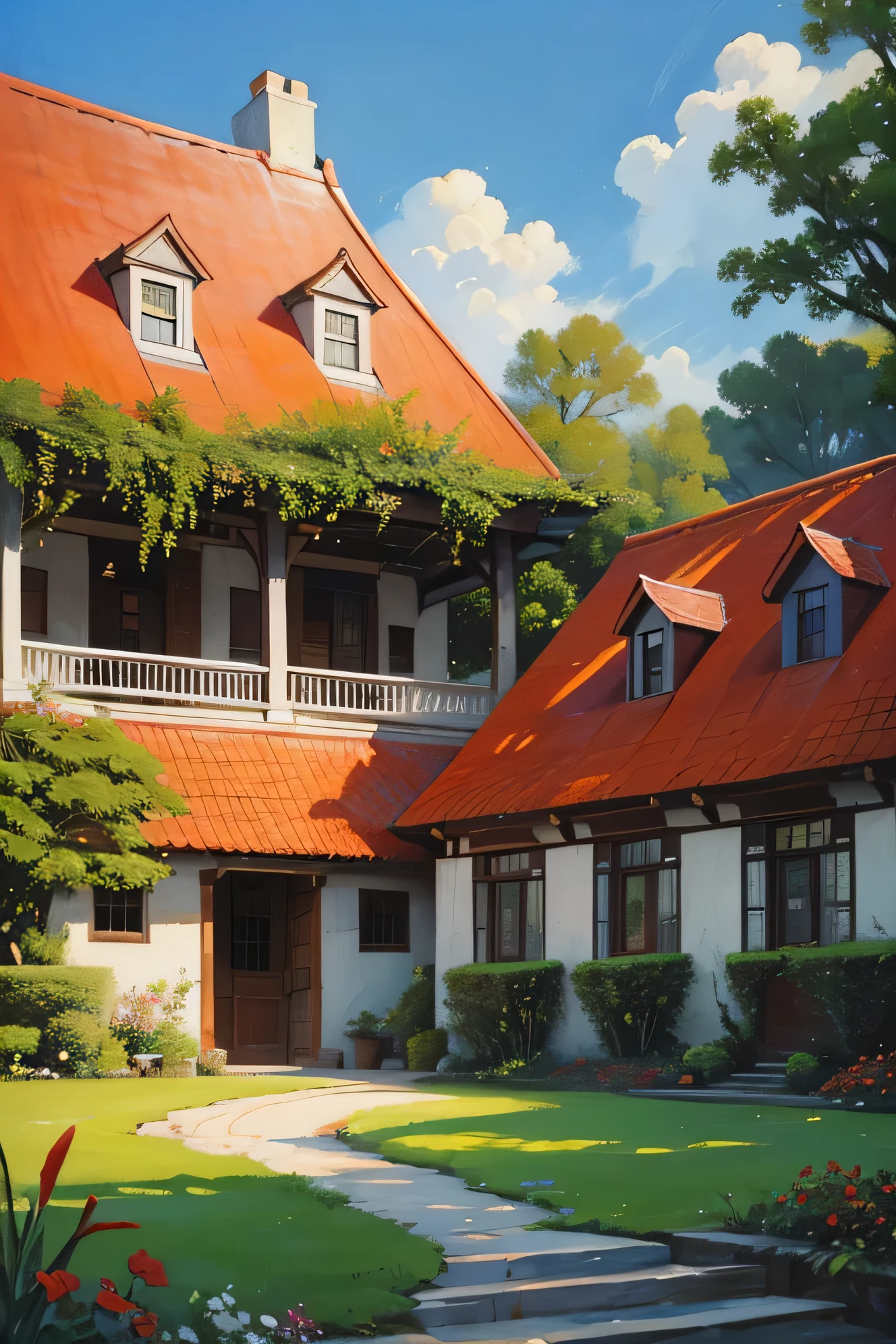 painting of a house with a red roof and a garden, painitng, traditional art, paiting, in style of old painting, paintings, photo of a painting, by Phyllis Bone, traditional painting, a beautiful painting, fine art painting, architectural painting, inspired by Hubert van Ravesteyn, painted in acrylic, oild painting