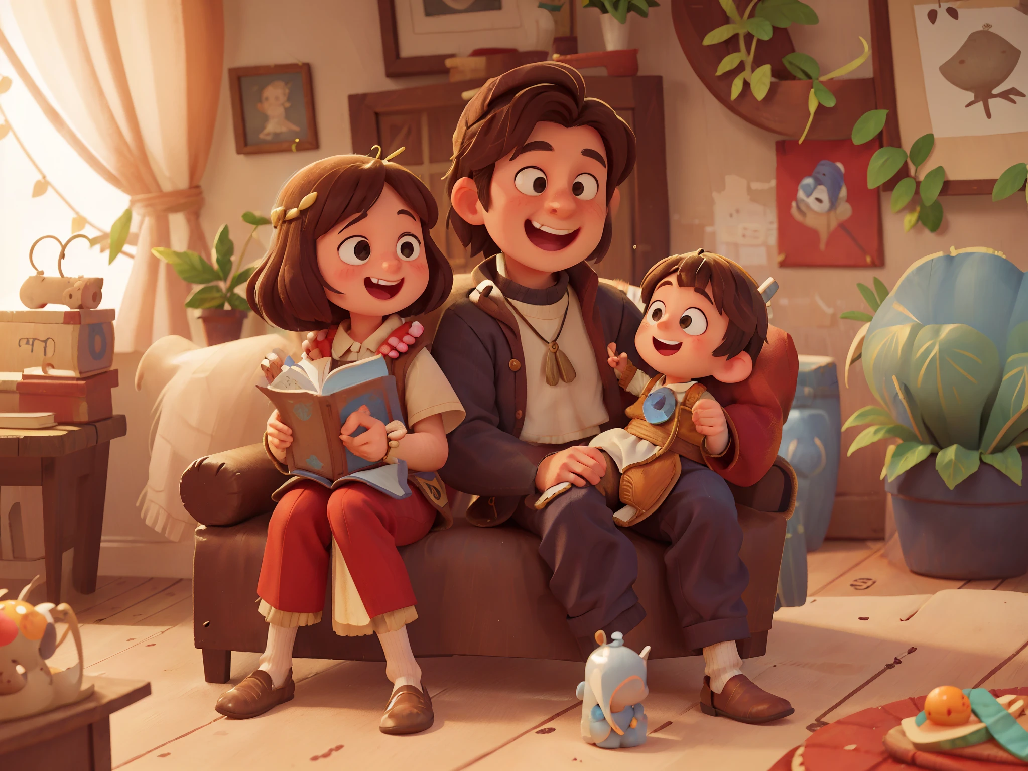 (Middle Ages), ancient times,closeup, Continuous shots, cinematic immersion, A man sat on the sofa, holding a 5-year-old boy in his arms,Standing next to him is a 26 year old mother, happy, smiling, in the living room, Medieval Clothing,Children's picture book, ??? story, high salvation color,High definition, high quality, ultra clear details