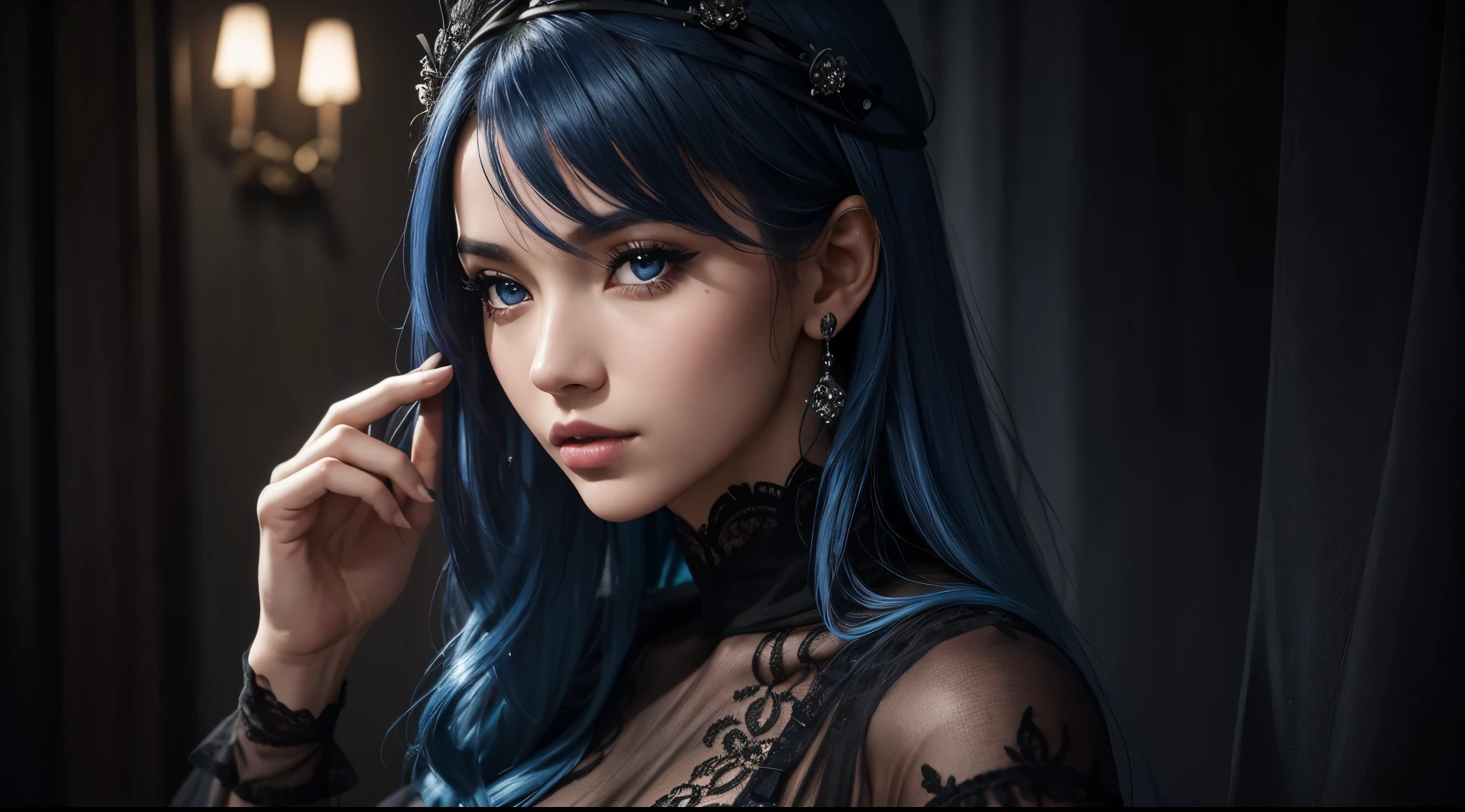 A unique and creative close-up portrait of a woman with striking blue hair. The deep blue color is a stark contrast to her preal skin, making her features stand out even more. Her wide, brown eyes seem to hold a thousand stories, while her pink lips add a touch of softness to the image. The straight nose and perfect skin only add to her overall beauty. She is wearing a black lace dress, adding a hint of mystery to the already visually descriptive image. The details in this photography are so intricate, you can almost feel her presence.