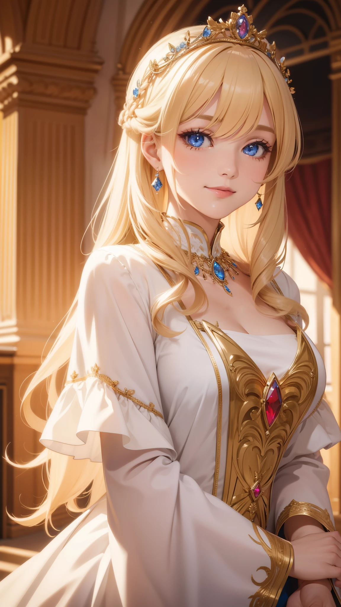 (masterpiece, best quality, 4k), Portrait, beautiful princess, adult woman, medieval, long blonde hair, bangs between eyes, royal dress, charming smile.