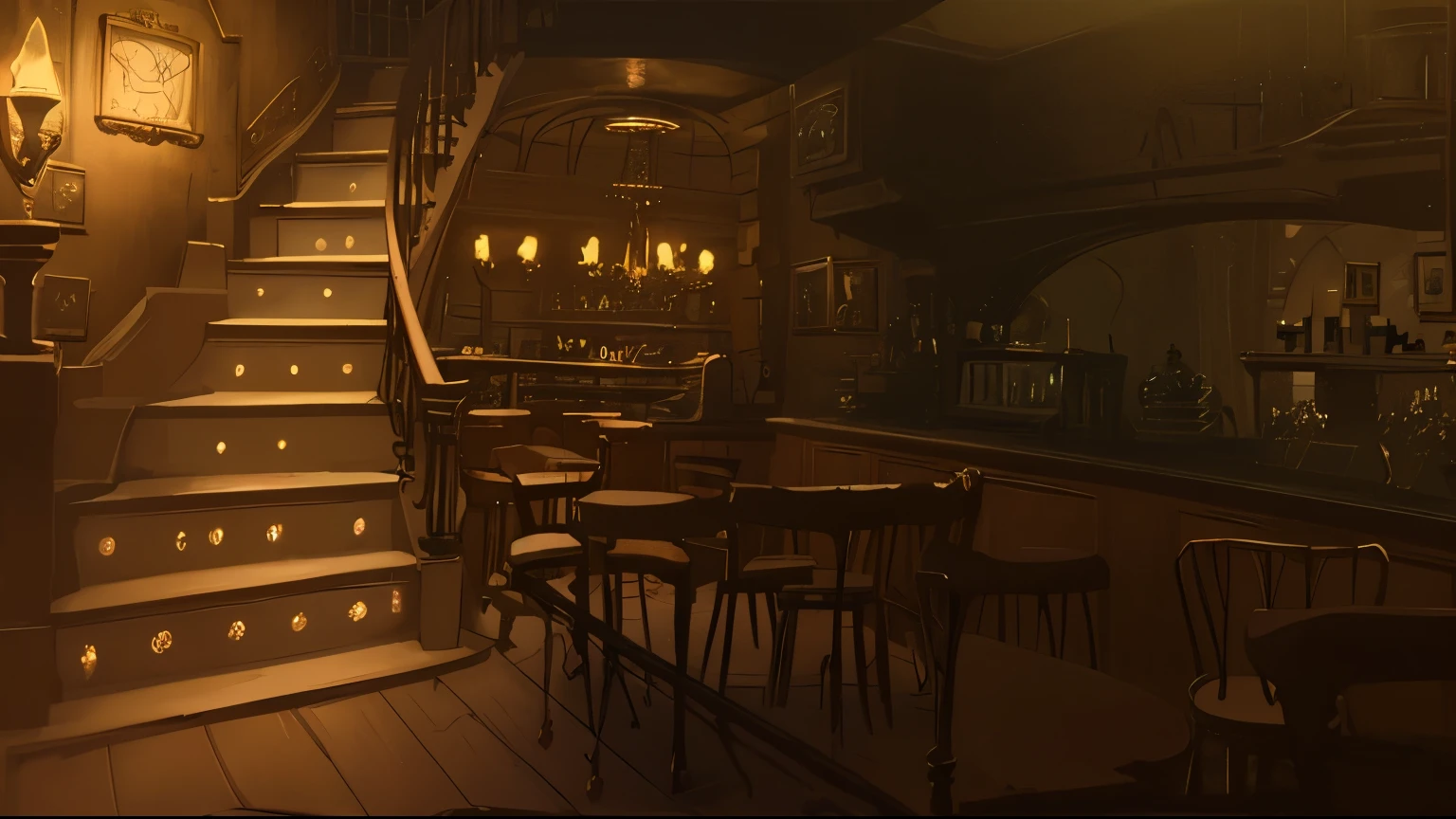masterpiece, best quality,have a room,,There was a table and chairs, cozy bistro, bioshock infinite style, 详细的lamp光和纹理, detailed textures and lighting, BioShock Infinite art style, cozy cafe background, {{{steampunk background}}}, Very detailed 8K wallpapers,{very delicate and beautiful},{best quality},{{masterpiece}},{high resolution},original,Very detailed 8K wallpapers,{very delicate and beautiful},,intricate details,indoor,{{{Wrought iron tables and chairs}}},Pipe,lamp,{{{pipeline}}},{{{inns}}},{{{stairs}}},Iron handrail,old,Cash register,{{{通向二楼的stairs}}}