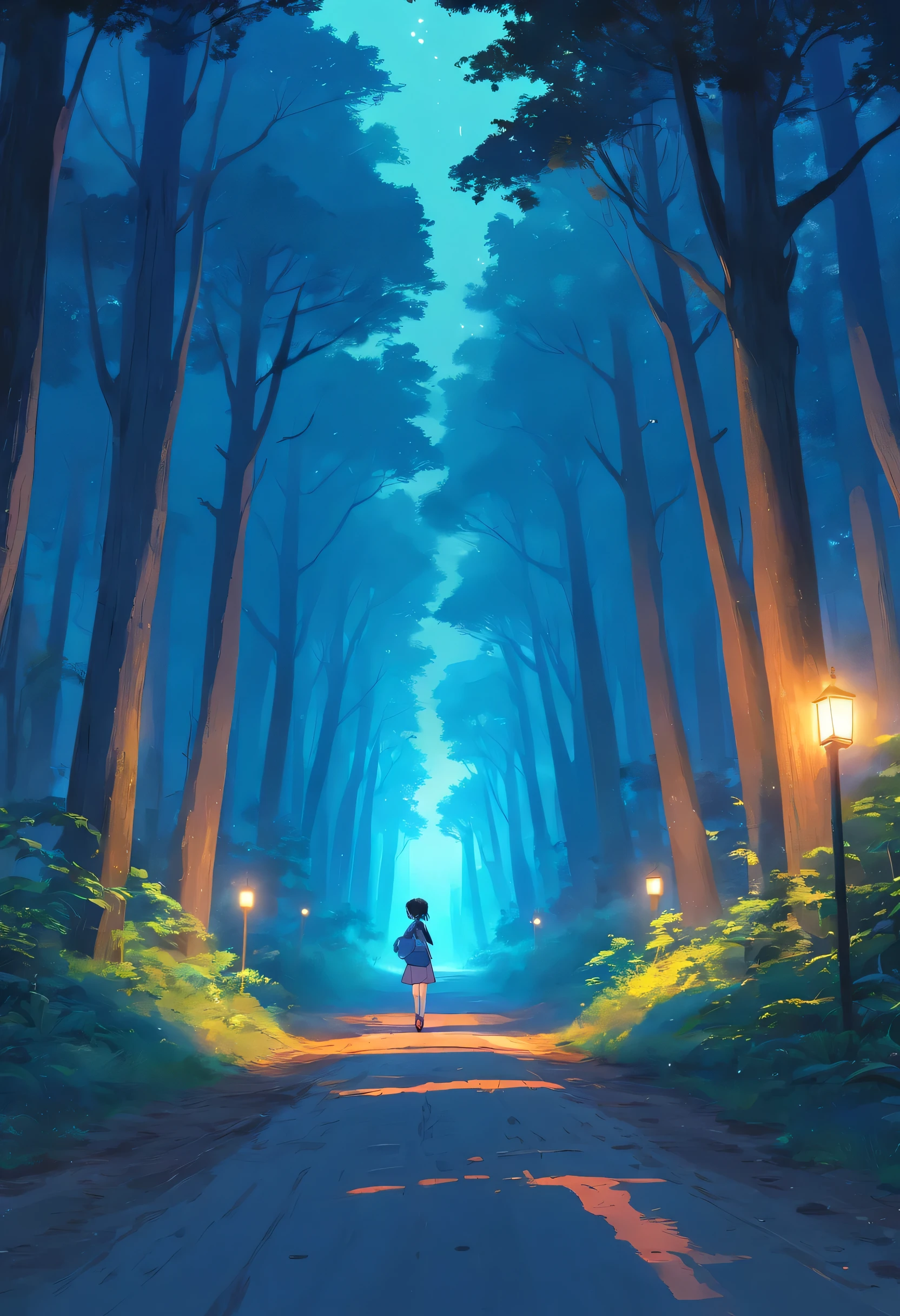 Create a Disney-style 3D illustration dirt road leading into a dark forest. Trees on either side of the road, dark blue mist flowing at the ground. Nighttime, full moon just above the horizon. Behind the forest, tall scary looking mountains can be seen. eerie feeling, something bad is about to happen. DnD Warlock aesthetics