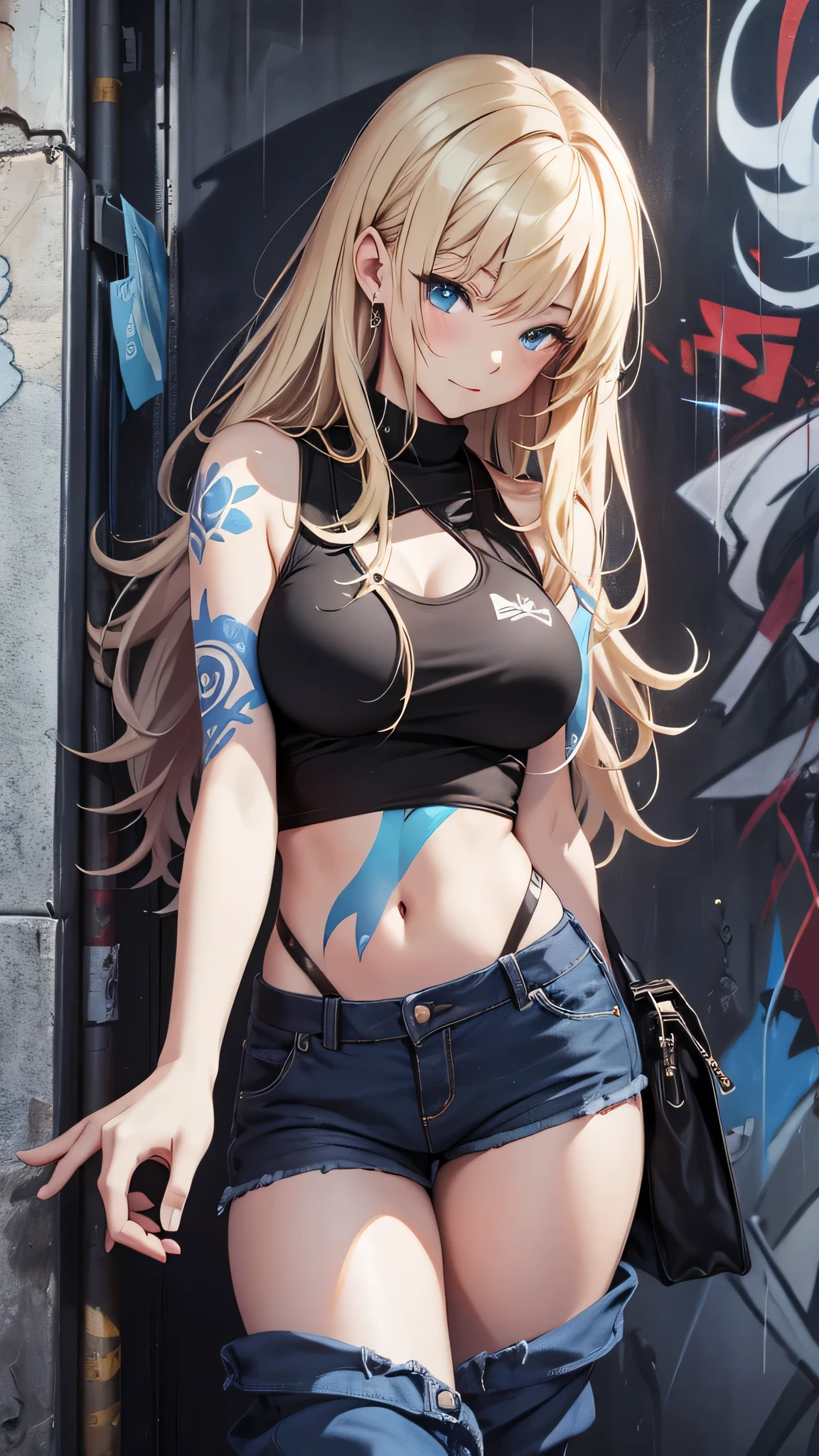 最high quality、best image quality、masterpiece、teenage girl((18-year-old、 By becoming、vest bust、medium bust,wide open breast tea、black eye, blonde hair、Habitual hair、long hair、thin,highest valley、navel black tank top、blue shorts、Holding a spray can、smug face、leaning forward、paint跡)),high quality、beautiful art、background((Bright city、wall、graffiti、paint))debris flies、Depth of written boundary、movie、visual art、perfect art、8K,genuine
