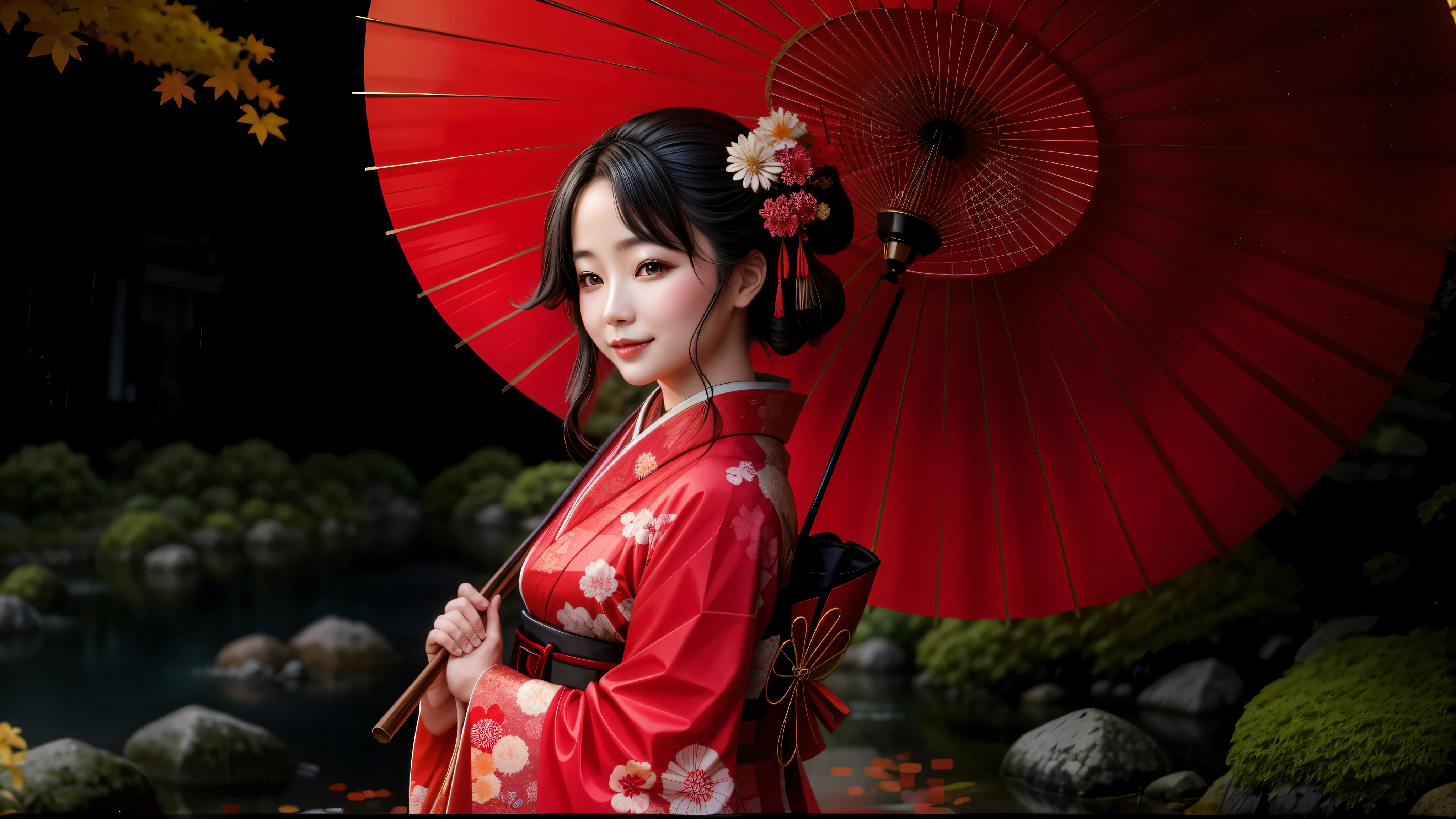 Beautiful woman in kimono, Red kimono, elegant, japanese woman, smile,Japanese style, traditional japanese colors, kimono, Kyoto, rain, Japanese umbrella, Japan nostalgia, balanced umbrella