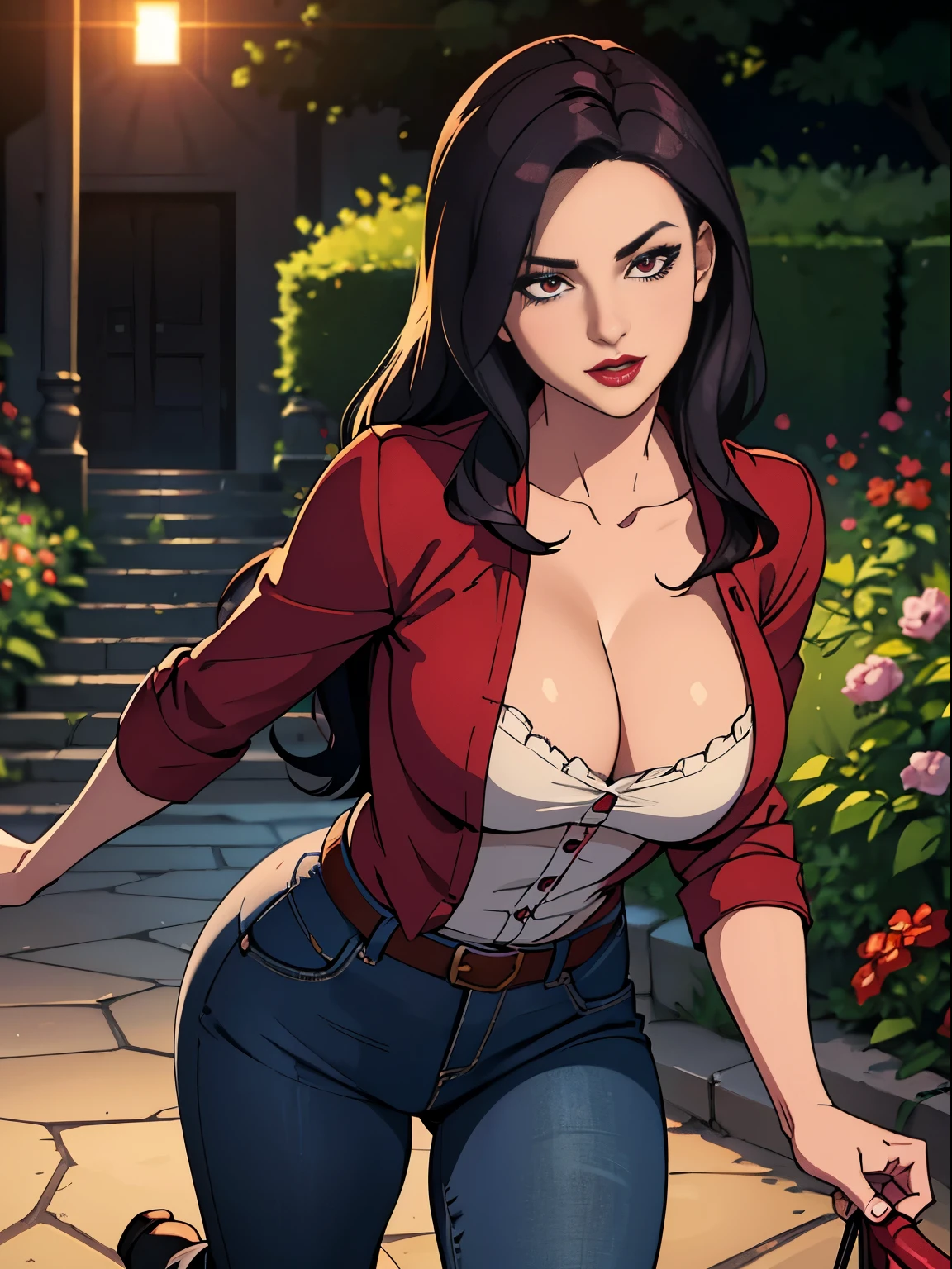 a busty round buttock woman in shirt tight jean (beautiful stilleto heel), dark red lipstick, medium breast, walking in beautiful flowered garden, seducing, desired face, naughty look, (beautiful eyes), red checkbones, (masterpiece), best quality, expressive eyes, perfect face, photo, realistic, (dark romantic lighting), (sensuality), sunset, romantic lighting