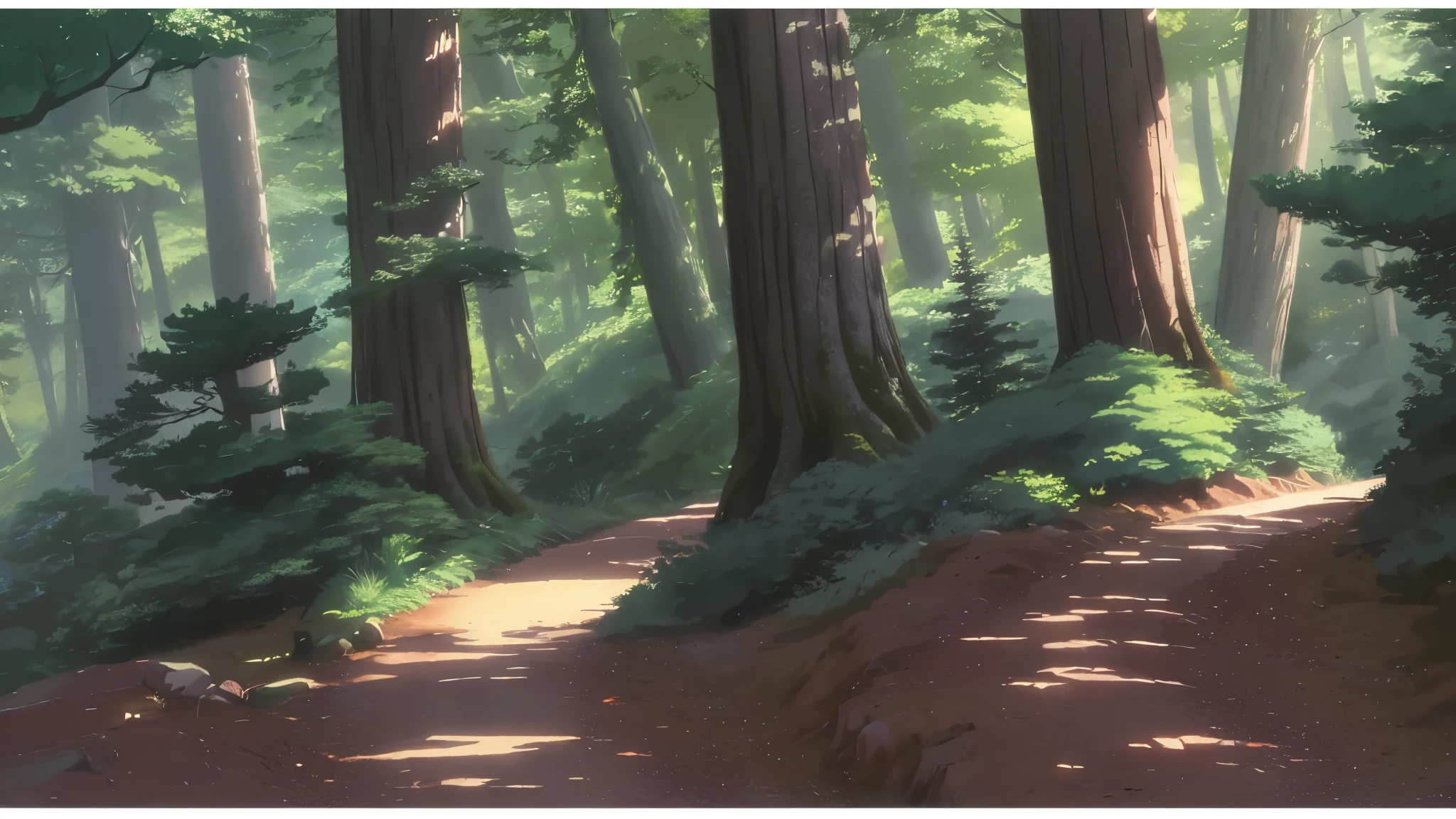 there is a painting of a path in a forest with trees, forest backdrop, anime background art, anime background, anime lush john 8k woods, forest setting, peaceful lushious forest, anime scenery, magical forest in the background, anime nature wallpap, beautiful anime scenery, forest outside, anime countryside landscape, forrest background, forest in the background