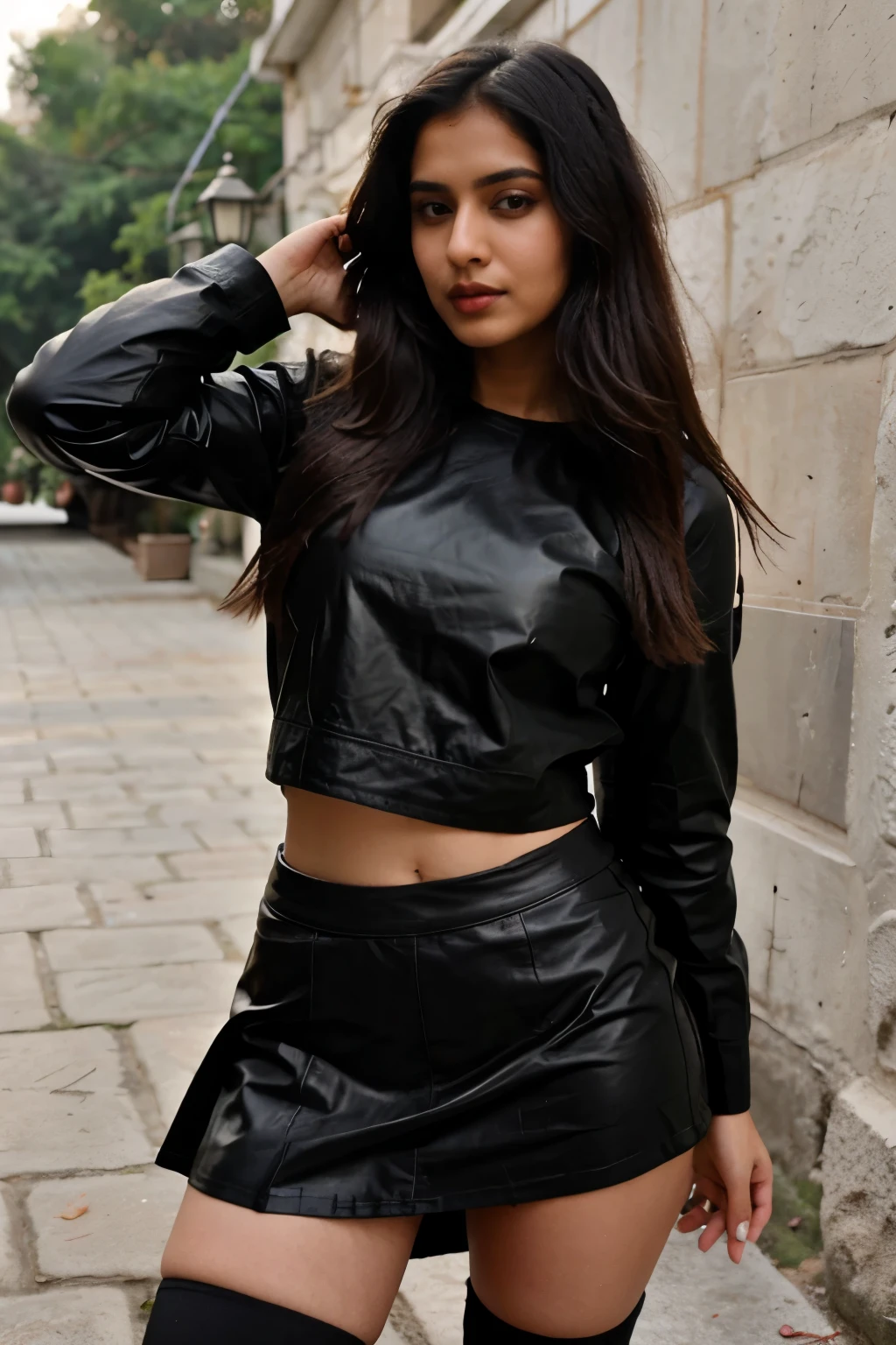 Indian Instagram influencer girl wearing tight black leather skirt real, realism, photoreal sitting at sofa
