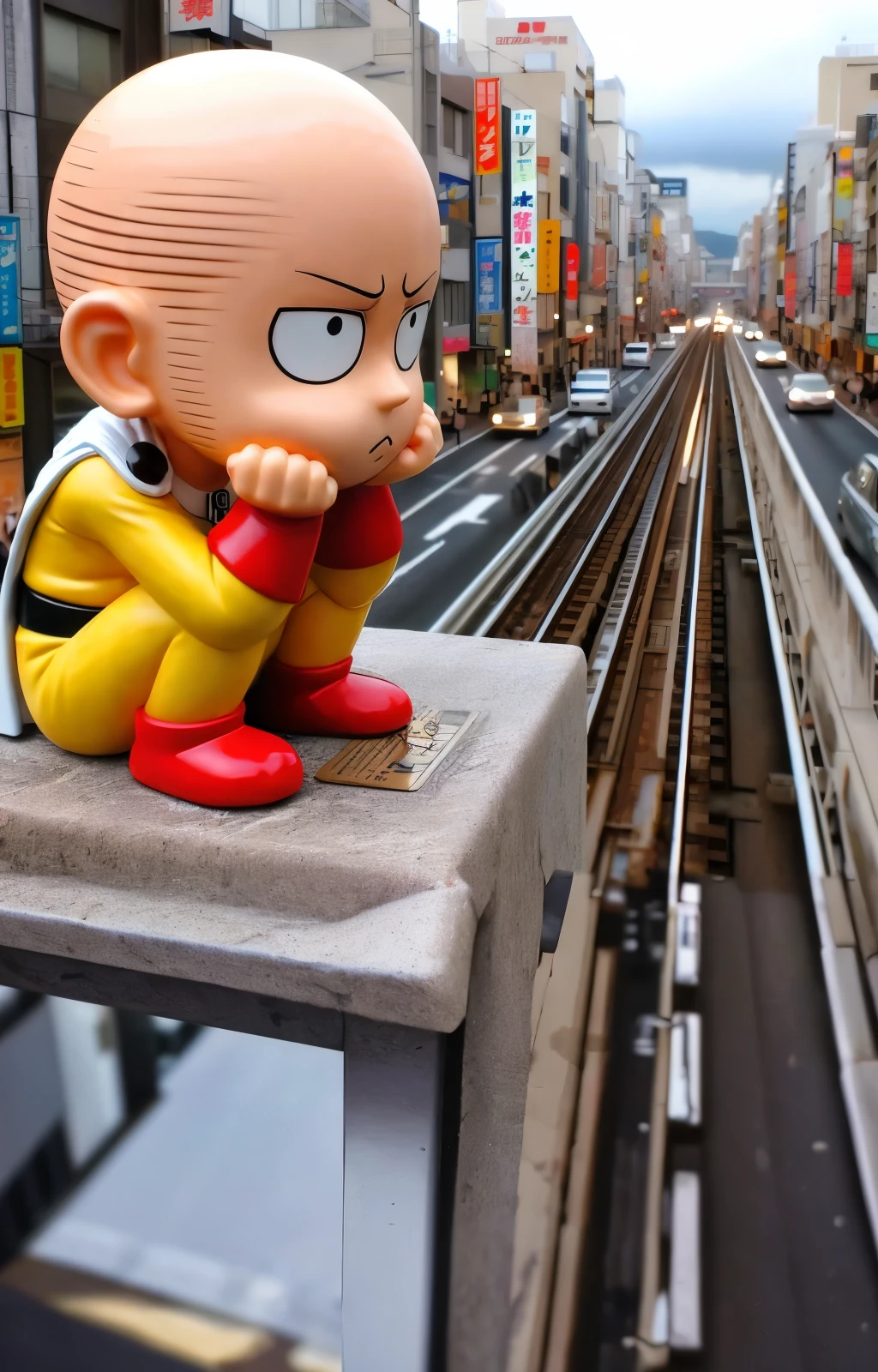 anime figurine of a man sitting on a ledge in a city, saitama, one punch man, one punch man manga, chef saitama one punch man, handsome saitama, portrait of saitama, q posket, sitting on a miniature city, tokyo anime scene, japanese cgi, nendoroid 3 d, nendoroid, anime cgi, hyper realistic anime