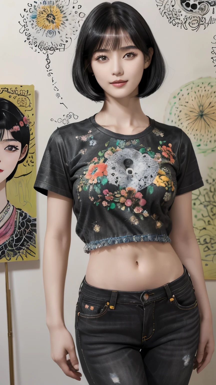 155
(Black Shorthair:1.46), (a 20 yo woman), (A hyper-realistic), (Masterpiece), (8KUHD), (gentle smile), Slender waist, Wearing jeans, ((Floral Clothing - T-Shirts)), Wearing long pants, abstract painting, (doodle:1.46), (large breasts with good shape), (口紅)