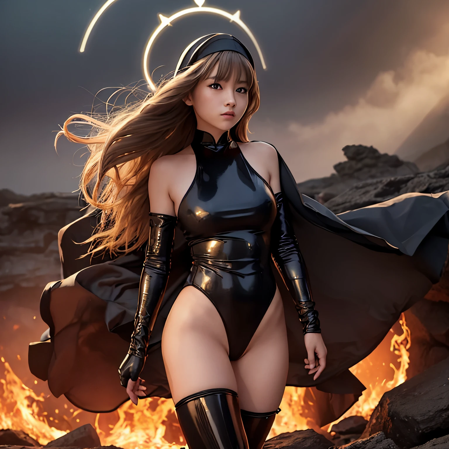 Award-winning flying concept art (1 girl:1.2) in platinum shiny ornate armor, amazing, god's rays, Centered, (masterpiece:1.2), (highest quality:1.2), wonderful, very detailed, beautiful, finely, Warm and soft color grading, Depth of bounds written, Highly detailed 8K, Fine art, amazing, iridescent, shiny, light reflection, Breezy, curl, Wind, Flying leaves, dynamic pose, hyper realism, vibrant, illuminated, disorganized、A nun girl wearing a black high-leg swimsuit、blonde long hair、blue eyes、naked thighs、sexy、black short boots、floating in the sky、girl is a person々He sacrificed himself to save the world and was taken to heaven.、A girl looking up to the sky with an ecstatic expression、The girl's work in this world is over.、solo, 背景は地獄のWind景, bottom of hell, A field of boiling lava、Raging Flames、The Last Battle in Hell, 終末的なWind景!!!!!, Mustafar, Ruins of Hell, ! 終末的なWind景!!, とてもwonderful D & D The Art of the Dark Sun, Gates of Hell, Gates of Hell, WORLD OF WARCRAFT, Deliverance from the Underworld!!!!!!
