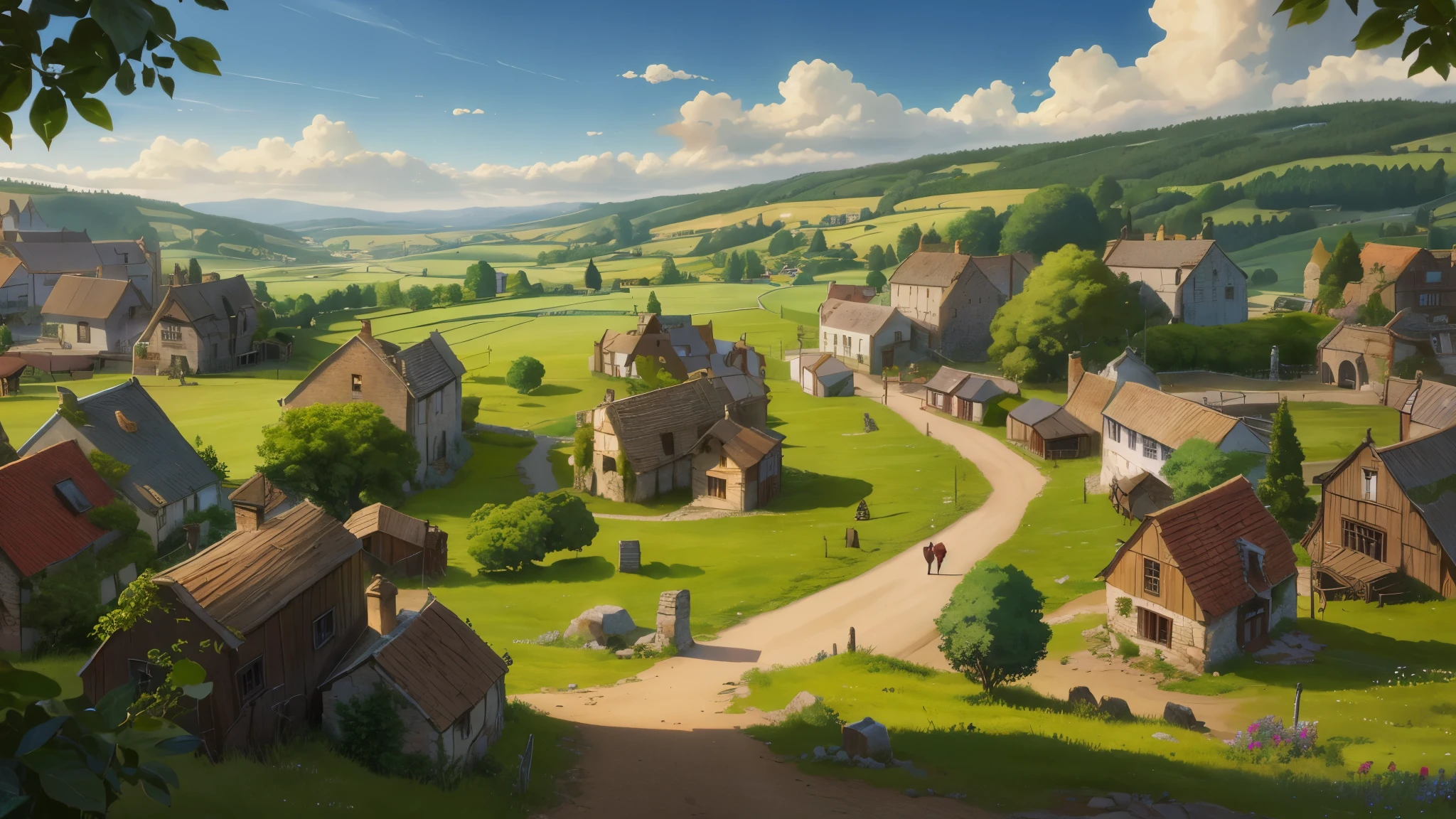 anime background, anime scene, anime style, 4k anime, 4k detailed, makoto shinkai style, medieval village on the plains, by Franz Hegi, countryside city scene, countryside, anime countryside landscape, medieval village, distant village background, amazing wallpaper, fantasy matte painting,cute, a small medieval village, background artwork, medieval fantasy game art, quaint village, town background, tavern background