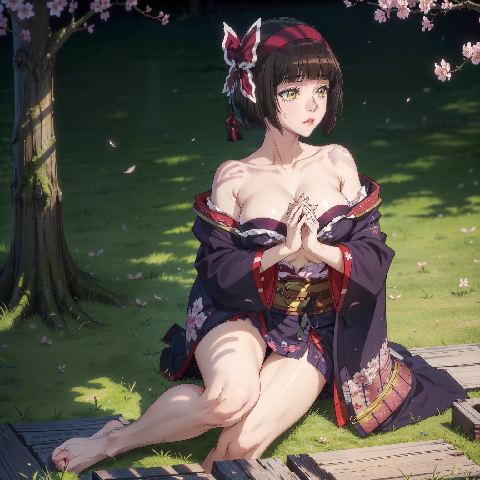 (Masterpiece, Highly Detailed, Cinematic Scene, Best Quality, Ultra Resolution, Top quality, Super Detailed), (Full Body View), (Chest Exposed), (Erotic Kimono:1.5), (Bare Shoulders 1.0), (Sexual suggestiveness), (Slide Slit Skirt), Anime style, Thick Body, Thick Thighs, Thigh, Large Breasts Enchanting, Blue eye, Hairband, Black Hair, Hair Bow, On Floor, Cross Legs, Spider Pattern, Spider Web Pattern, (Perfect Five Fingers:1.1), Hand on the Floor, Cherry Blossom Trees, Japanese Background