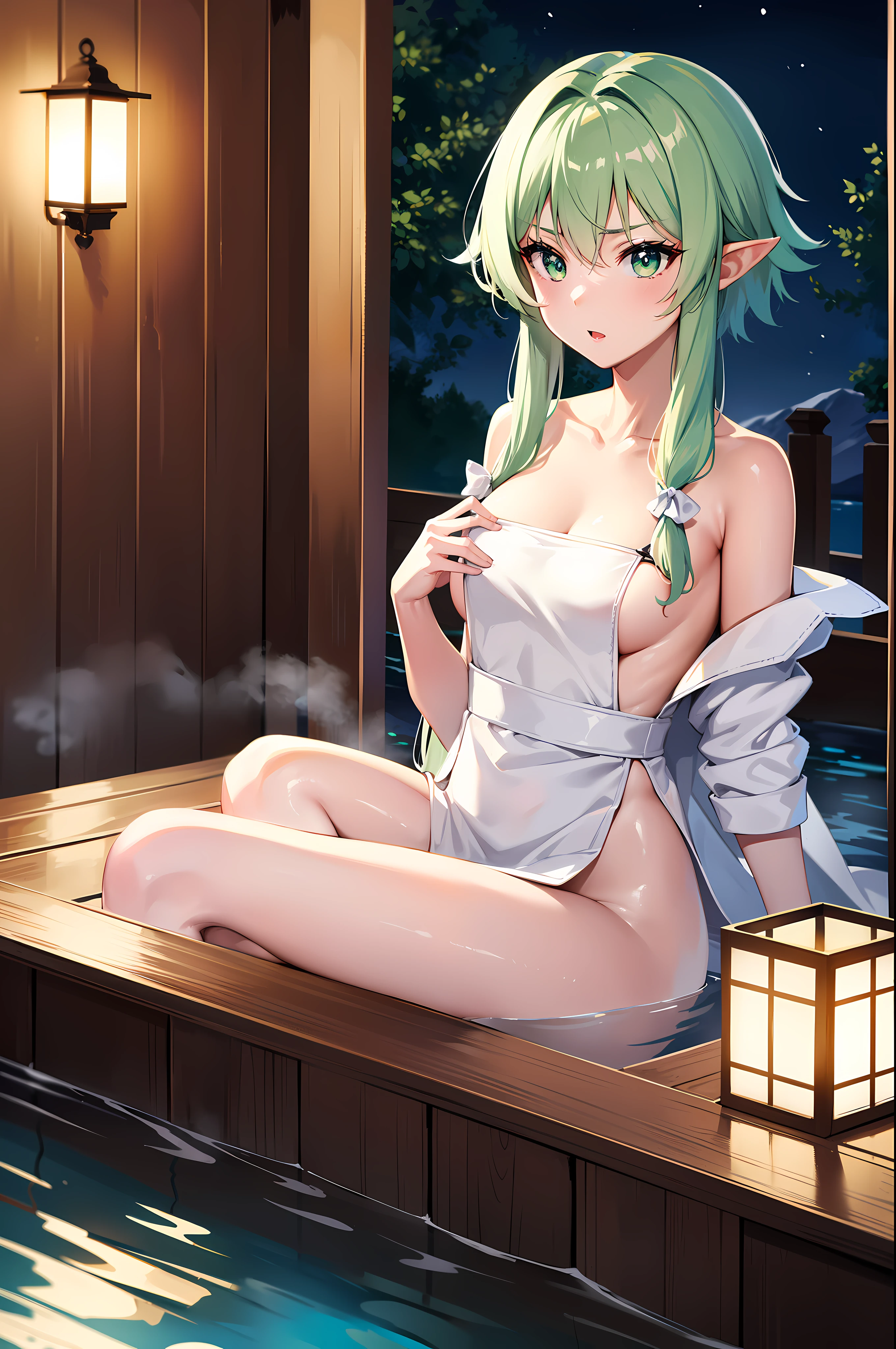 highelfarcher, high elf archer, elf, Green hair, long hair, pointy ears, elf, (masterpiece:1.2), best quality, high resolution, unity 8k wallpaper, (illustration), perfect lighting, Highly detailed CG, (sexy:1.4),alone, 1 woman ,(White_Bathrobe:1.4), (onsen_background:1.3) , (night:1.2) , standing, (pretty:1.2) , (upper body)