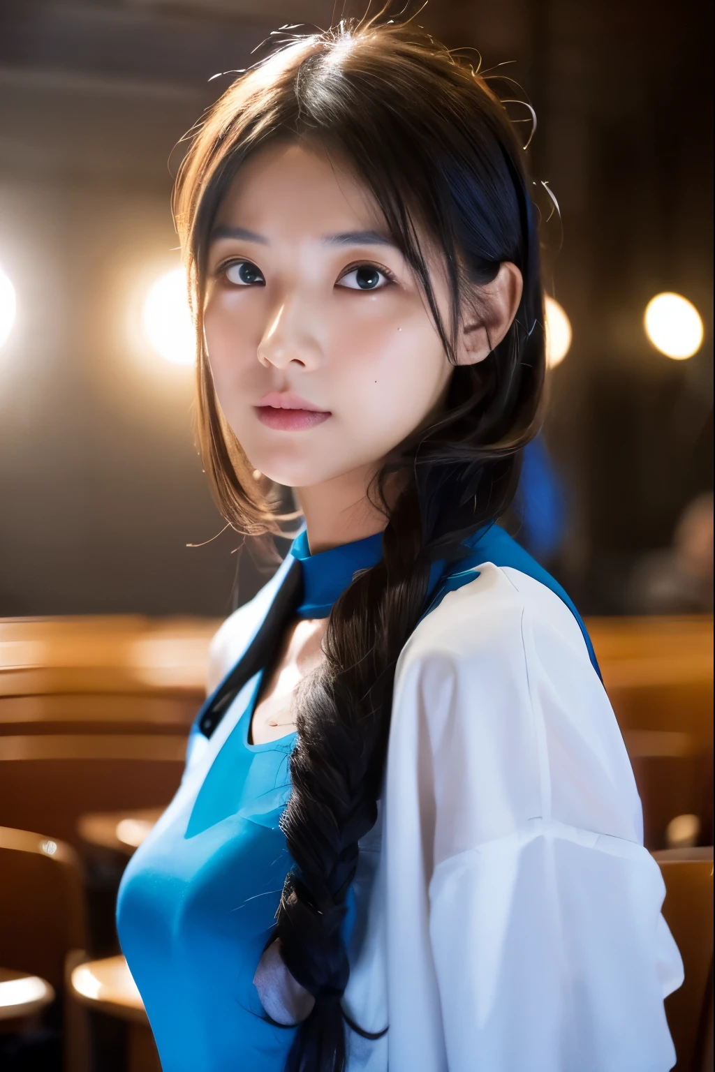 Highly detailed CG Unity 8K wallpaper,(shot with Canon EOS 5D Mark IV), 35mm film, top quality, Super detailed, blue light, Highly detailed cute girl, 25 years old, round eyes, looking at the audience, blush, parted lips, Upper body , {{fewer moles}} , (sweaty) , camisole , Bathroom, Dynamic composition