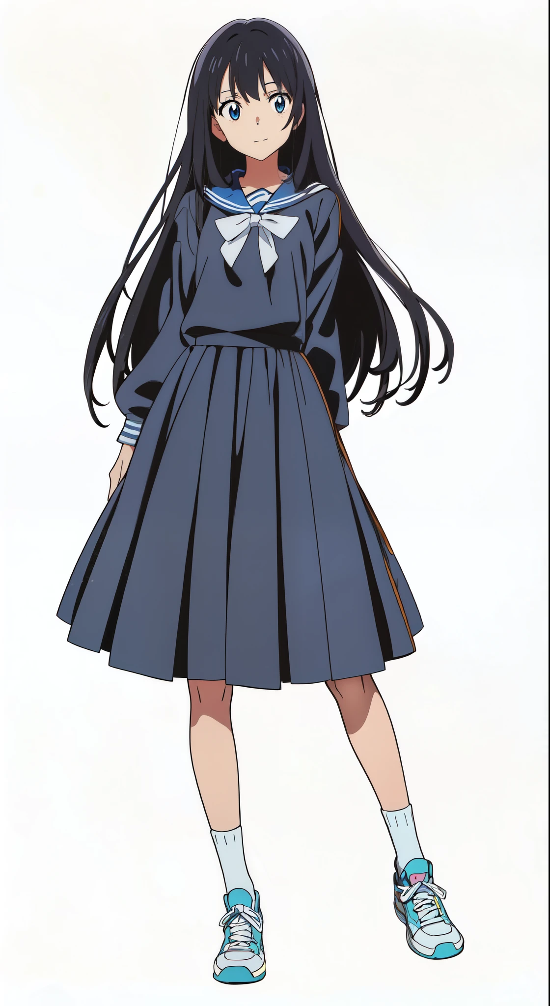 (best quality:2.0), (white background:1.0), (anime:2.0), (official art:2.0), (best quality:2.0), (masterpiece:1.0), (full body:1.0), (solo:1.0), (a 15yo cute girl:1.5), (long skirt:1.0), (dark blue skirt:1.0), (pleated skirt:1.0), (dark blue sailor uniform:1.0), (long sleeve sailor uniform:1.0), (sneakers:1.0), (white socks:1.0), (ideal ratio body proportions:1.0), (lanky:1.0), (tall:1.0), (slender:1.0), (small breasts:1.0), (smaller face:1.0), (tareme:1.5), (detailed beautiful eyes:1.5), (detailed beautiful face:1.5), (glowing black eyes:1.0), (medium hair:1.0), (black hair:1.0), (standing:1.0), (looking at viewer:1.0)