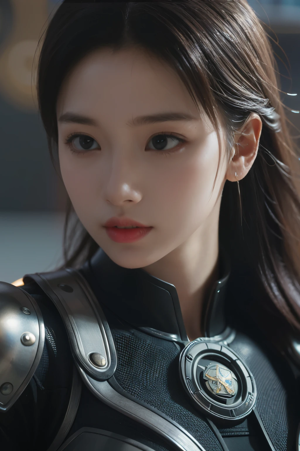 Game art，The best picture quality，Highest resolution，8K，(A bust photograph)，(Portrait)，(Head close-up)，(Rule of thirds)，Unreal Engine 5 rendering works， (The Girl of the Future)，(Female Warrior)， 
20岁少女，An eye rich in detail，(Big breasts)，优雅高贵，冷漠，勇敢的，
（A futuristic combat suit with medieval style，A beautifully patterned badge，Joint Armor，Extremely rich detail of armor，Mysterious light），Sci-fi characters，Warrior，

拍照姿势，简单背景，Movie lights，Ray tracing，Game CG，((3D Unreal Engine))，oc渲染反射纹