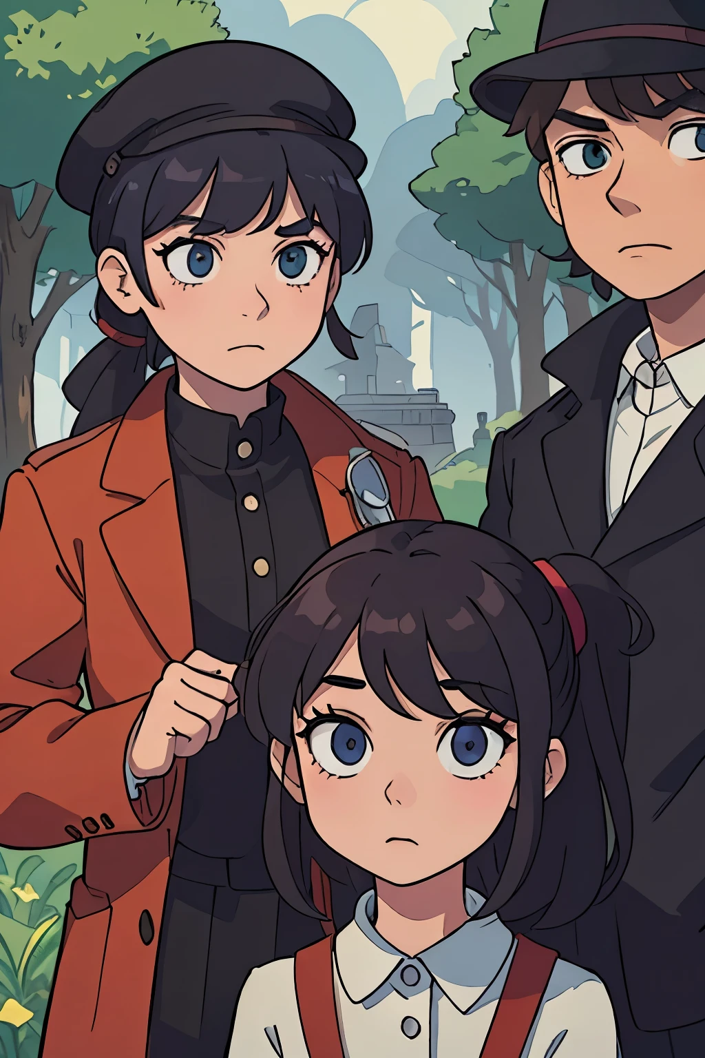 Believe me, an intriguing image unfolds of a -yeld giand boy, both donning the iconic Sherlock Holmes hats, engaging in detective work in a quirky cartoon-style park setting. The girl, with a determined expression, has her hair tied up in a ponytail, her eyes sharp and focused, scanning the surroundings. The boy, equally fiery in his pursuit of clues, mirrors her intensity, as they both lean in, their faces close together in deep concentration. The lush trees around them boast vibrant colors and exaggerated shapes, providing an intriguing backdrop to their investigation. The warm sunlight filters through the branches, casting