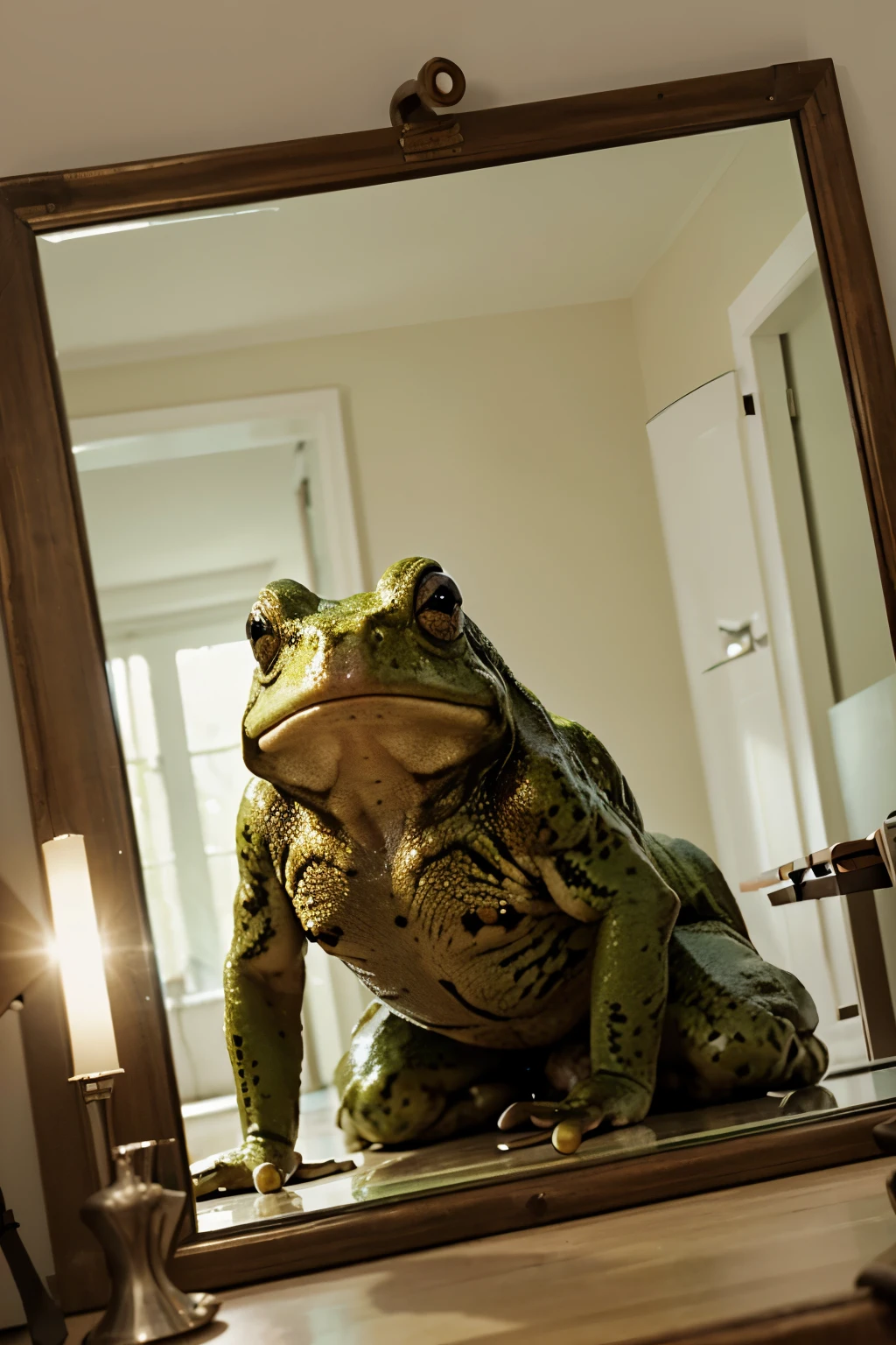 Ultra-realistic image of a large frog looking in the mirror and in the reflection of that mirror appears the image of a warrior who is ready to fight