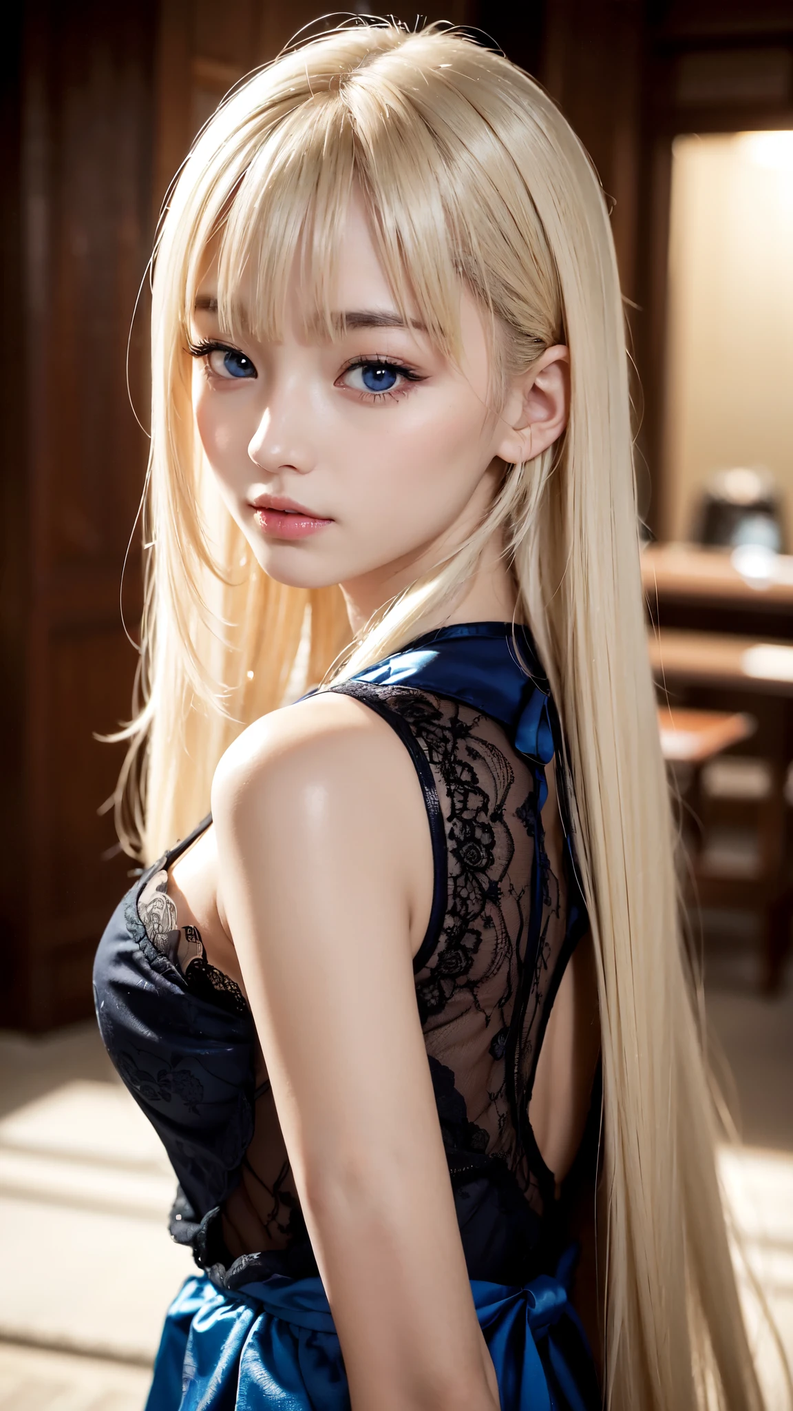 浅笑、natta、Raw photography、(((Portrait of extreme beauty)))、((glistning skin))、女の子1人、 beautiful girl in Prague、bright expression、((Natural platinum blonde hair))、[Big blue eyes that shine like jewels]、Glossy glossy skin、Silky long straight hair、eye liner、Beautiful bangs、Hair between the eyes、((​masterpiece、top-quality、ultra-detailliert、Film Light、intricate-detail、hight resolution、ighly detailed))、细致背景、8KUHD、Digital SLR、Soft light、hightquality、Film grain、FujifilmXT3 、Shallow depth of field、natural soft light、（No hands）、Kamimei、,露出乳房，,