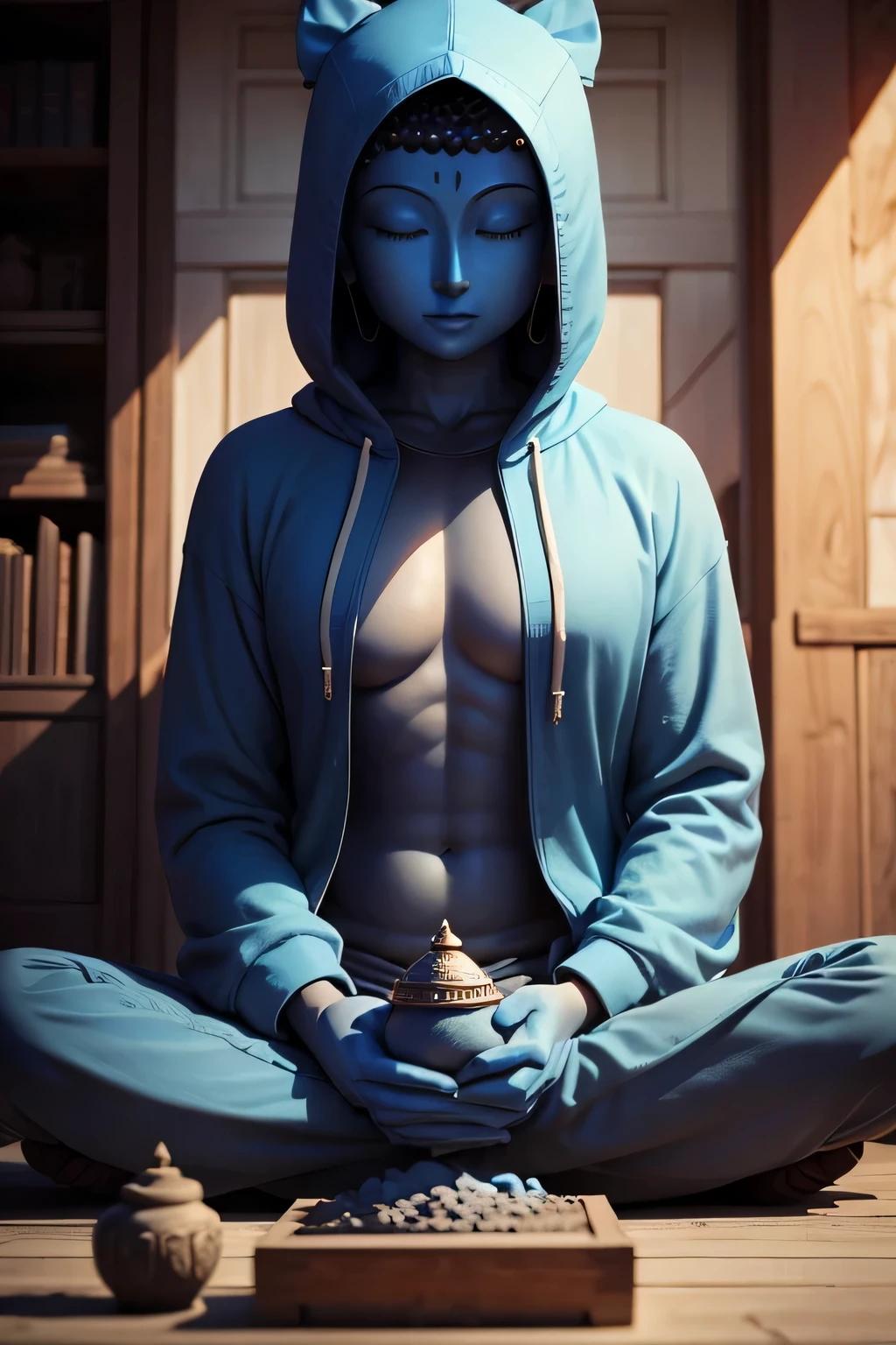 There is a blue Buddha statue facing the front and wearing a hoodie hood,Buddha, Buddha, Buddhism, beautiful images,Buddha,Buddha