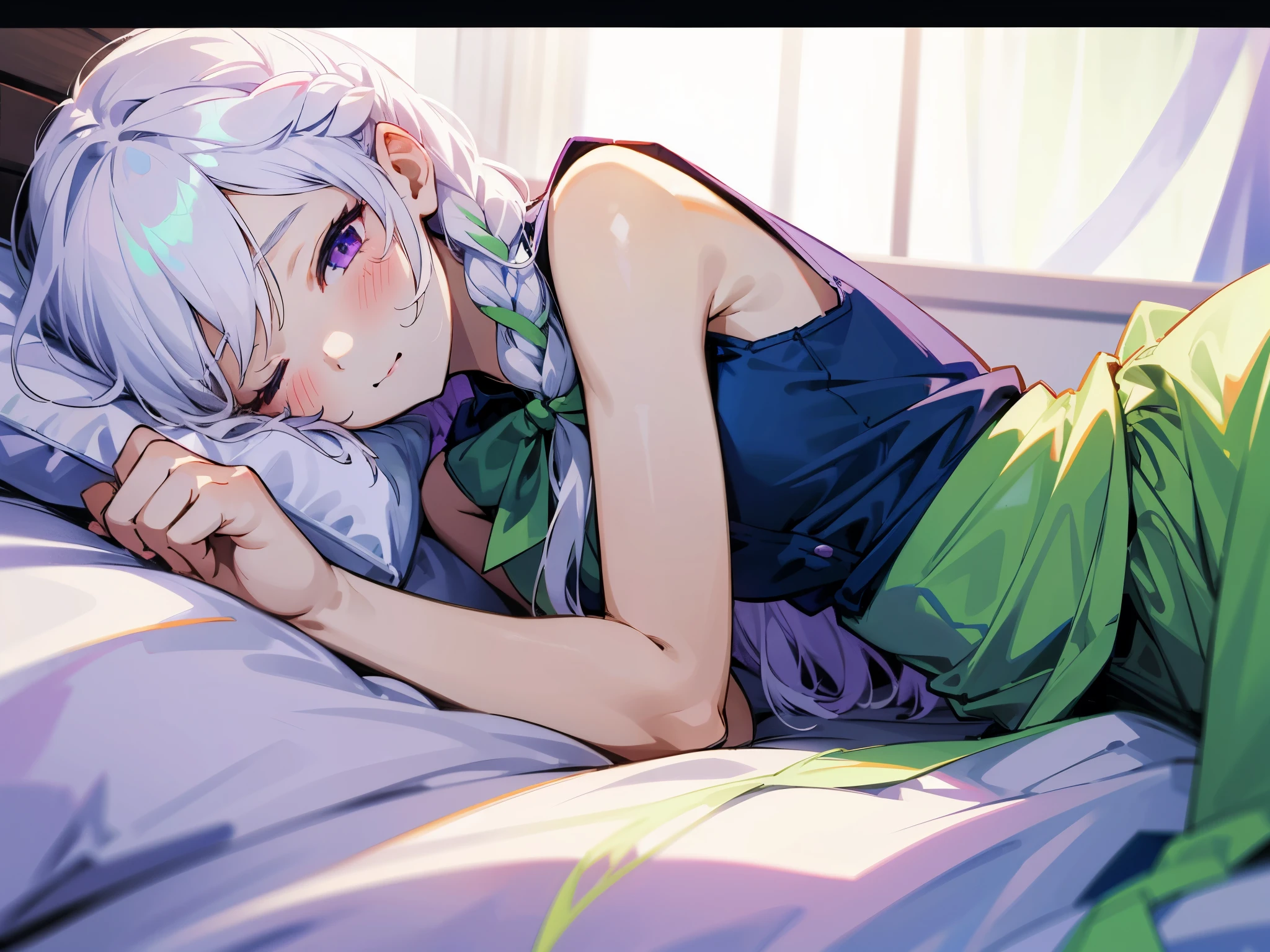 white haired young woman, 7 years old,;;;;;;;;, purple eyes, long hair,Green braid tied in bows left and right.........,, Wear a blue sleeveless shirt......button up.  white short skirt, lying on the bed...With a face that closed its eyes sexy pose