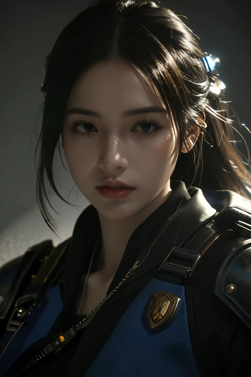 Game art，The best picture quality，Highest resolution，8K，(A bust photograph)，(Portrait)，(Head close-up)，(Rule of thirds)，Unreal Engine 5 rendering works， (The Girl of the Future)，(Female Warrior)， 
20岁少女，An eye rich in detail，(Big breasts)，优雅高贵，冷漠，勇敢的，
（A futuristic combat suit with medieval style，A beautifully patterned badge，Joint Armor，Extremely rich detail of armor，Mysterious light），Sci-fi characters，Warrior，

拍照姿势，简单背景，Movie lights，Ray tracing，Game CG，((3D Unreal Engine))，oc渲染反射纹