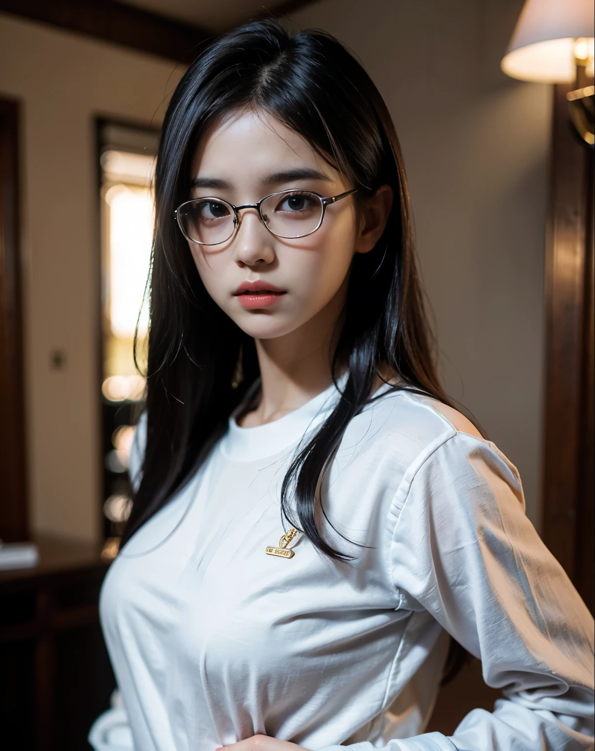 ulzzang-6500-v1.1, (Raw photo:1.2), (Photorealistic:1.4), Beautiful detailed girl, Very detailed eyes and face, Beautiful detailed eyes, Ridiculous, Incredibly ridiculous, Huge file size, Ultra detail, High Definition, Very detailed, Best Quality, Masterpiece, (Casual attire), Very Detailed, CG, Unity, 8k wallpaper, amazing, fine detail, masterpiece, top quality, highly detailed cg uniform 8k wallpaper, face lights, movie lighting, , 1 girl, (without panties), (with glasses), ((dynamic pose))