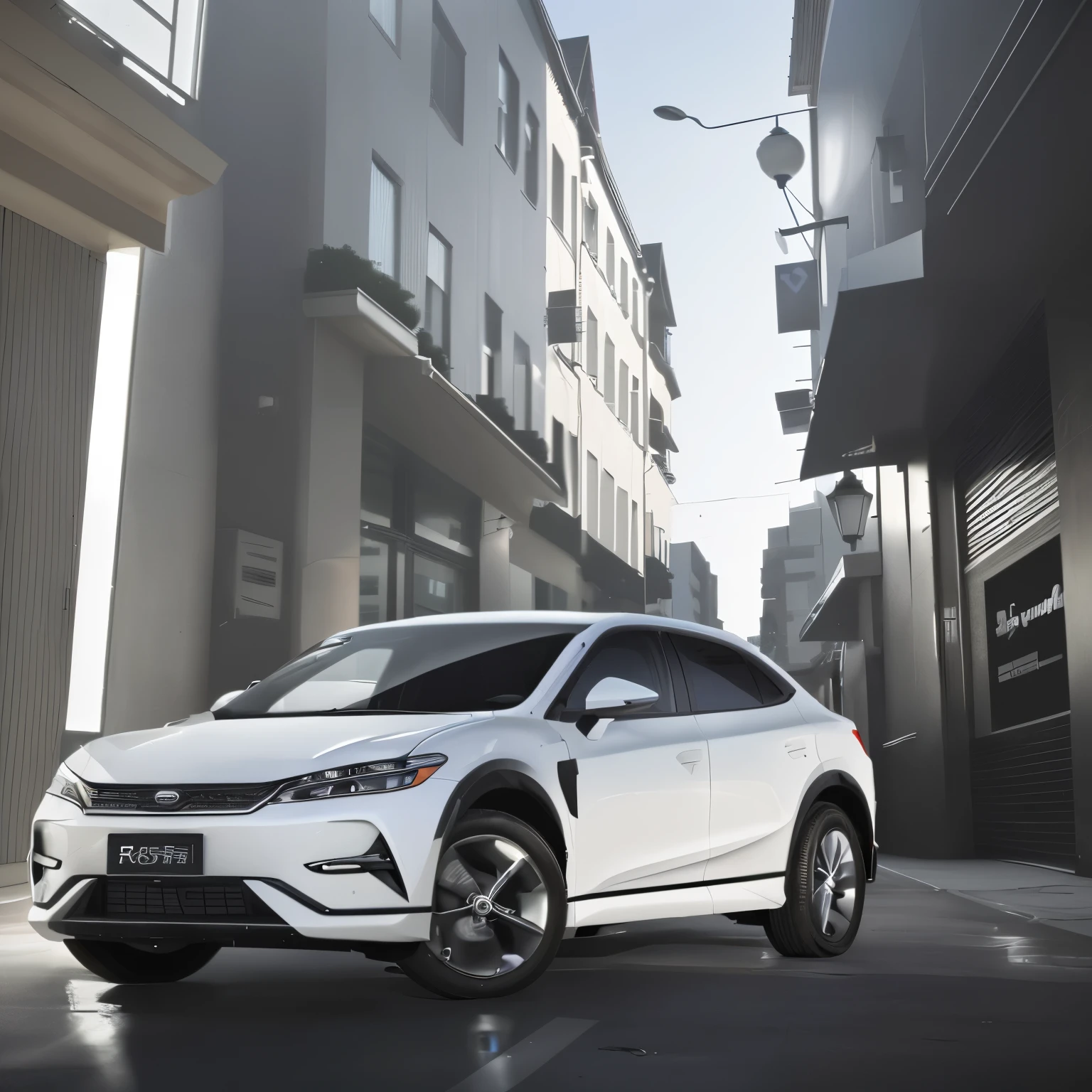 A white BYD L car parked in front of a building，4 liters，S-line，High quality pictures 1128x191 resolution，automatic photography black，car commercial photograph，480p，480p vehicle photography，shaxi,800 tons，800 tons