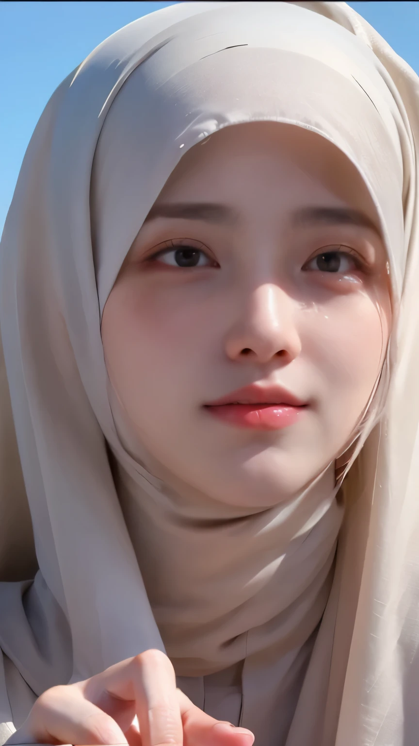 ((Best quality, 8k, Masterpiece :1.37)), (wear hijab girls), beautiful face, girl wear hijab muslim, face , 18 years old girls, ultra detailed face, ultra detailed body, detailed hand, lips smile, Beautiful detailed eyes, eyes korean, detailed nose, Natural Lip, (Lip Smile), face smile, Wear hijab moslem, fancy jubba thobbe, photo full body, view of the blue sky, (Undressl breasts, epic reaface, backround people hijab