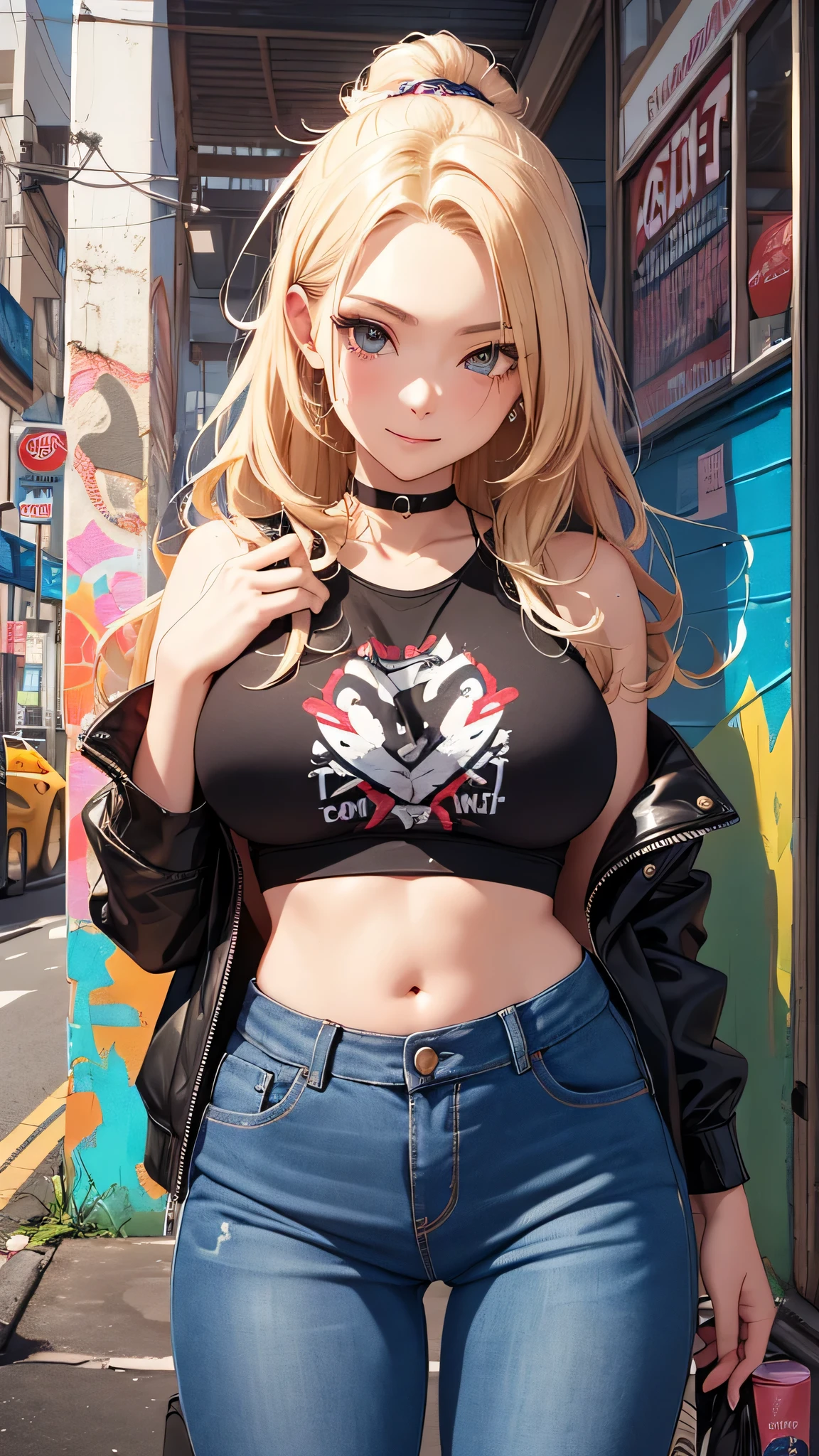 最high quality、best image quality、masterpiece、teenage girl((18-year-old、 By becoming、vest bust、???????????,wide open ?????? tea、black eye, blonde hair、Habitual hair、long hair、thin,highest valley、navel black tank top、blue shorts、Holding a spray can、smug face、leaning forward、paint跡、Black leather jeans)),high quality、beautiful art、background((Bright city、wall、graffiti、paint、Hawaii、Waikiki))debris flies、Depth of written boundary、movie、visual art、perfect art、8K,genuine