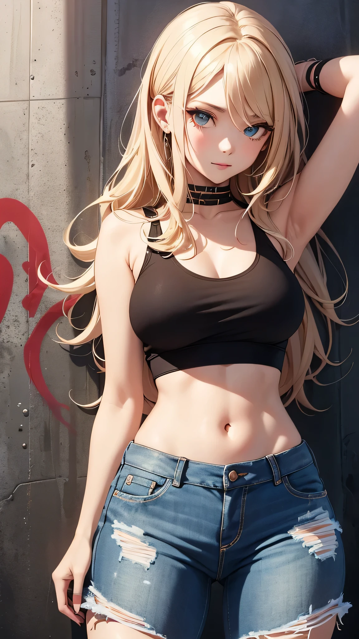 最high quality、best image quality、masterpiece、age girl((18-year-old、 By becoming、vest bust、medium bust,wide open breast tea、black eye, blonde hair、Habitual hair、long hair、thin,highest valley、navel black tank top、blue shorts、Holding a spray can、smug face、leaning forward、paint跡、Black leather jeans)),high quality、beautiful art、background((Bright city、wall、graffiti、paint、Hawaii、Waikiki))debris flies、Depth of written boundary、movie、visual art、perfect art、8K,genuine