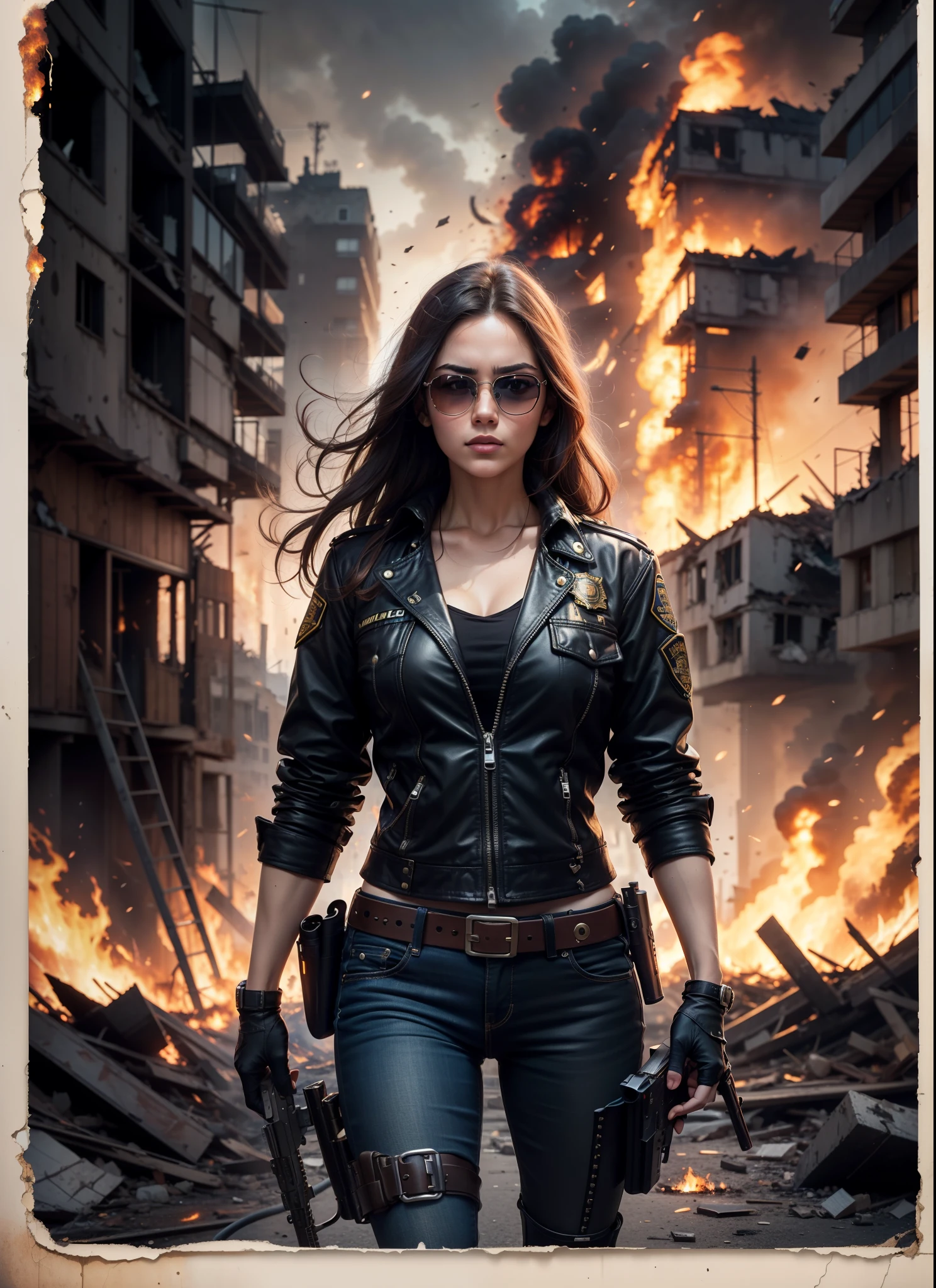 ana of arms, big chest, police, long hair, sunlasses, holster, rivets, long black jacket, just one body, big gun in hands, in action, in ruins, explosions behind, fire behind, front view, movie poster