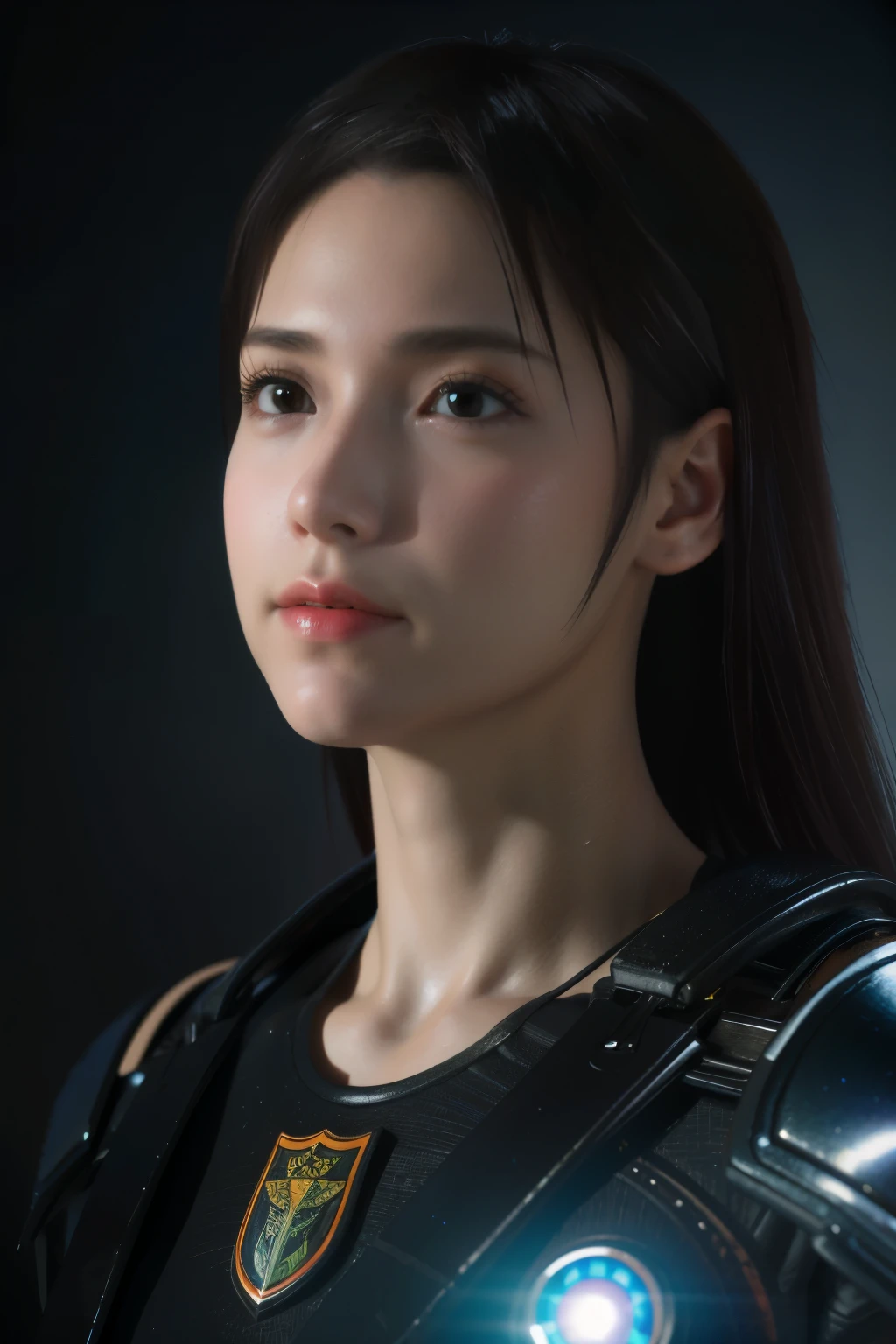 Game art，The best picture quality，Highest resolution，8K，(A bust photograph)，(Portrait)，(Head close-up)，(Rule of thirds)，Unreal Engine 5 rendering works， (The Girl of the Future)，(Female Warrior)， 
20岁少女，An eye rich in detail，(Big breasts)，优雅高贵，冷漠，勇敢的，
（A futuristic combat suit with medieval style，A beautifully patterned badge，Joint Armor，Extremely rich detail of armor，Mysterious light），Sci-fi characters，Warrior，

拍照姿势，简单背景，Movie lights，Ray tracing，Game CG，((3D Unreal Engine))，oc渲染反射纹