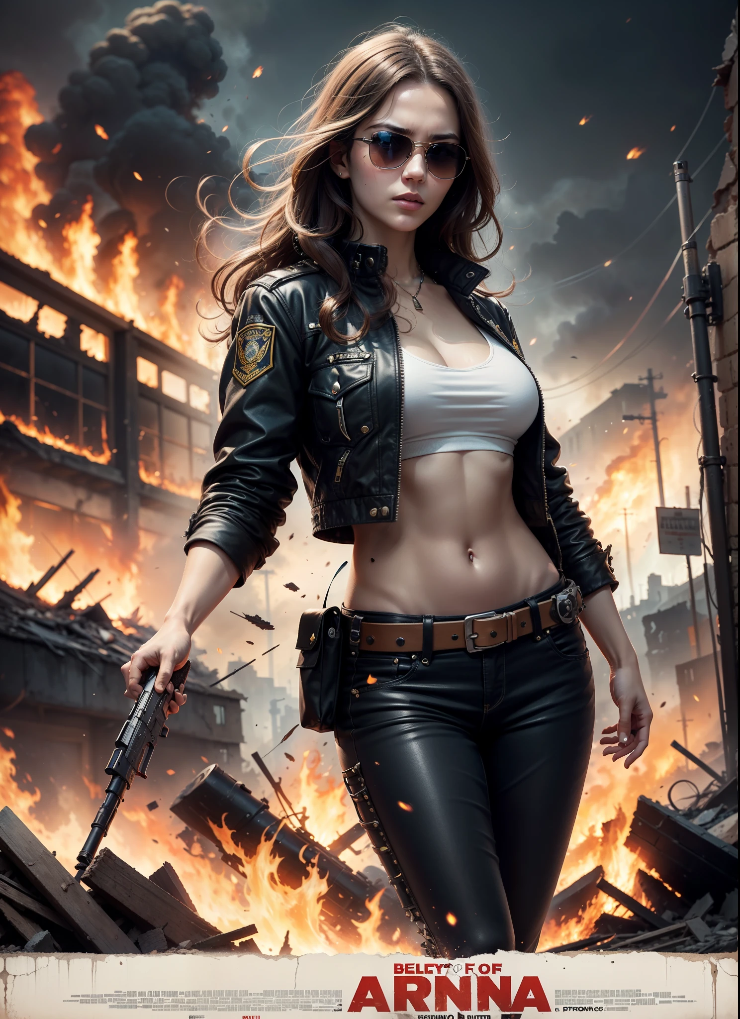 ana of arms, big chest, police, long hair, sunlasses, holster, rivets, long black jacket, just one body, big gun in hands, in action, in ruins, explosions behind, fire behind, front view, movie poster