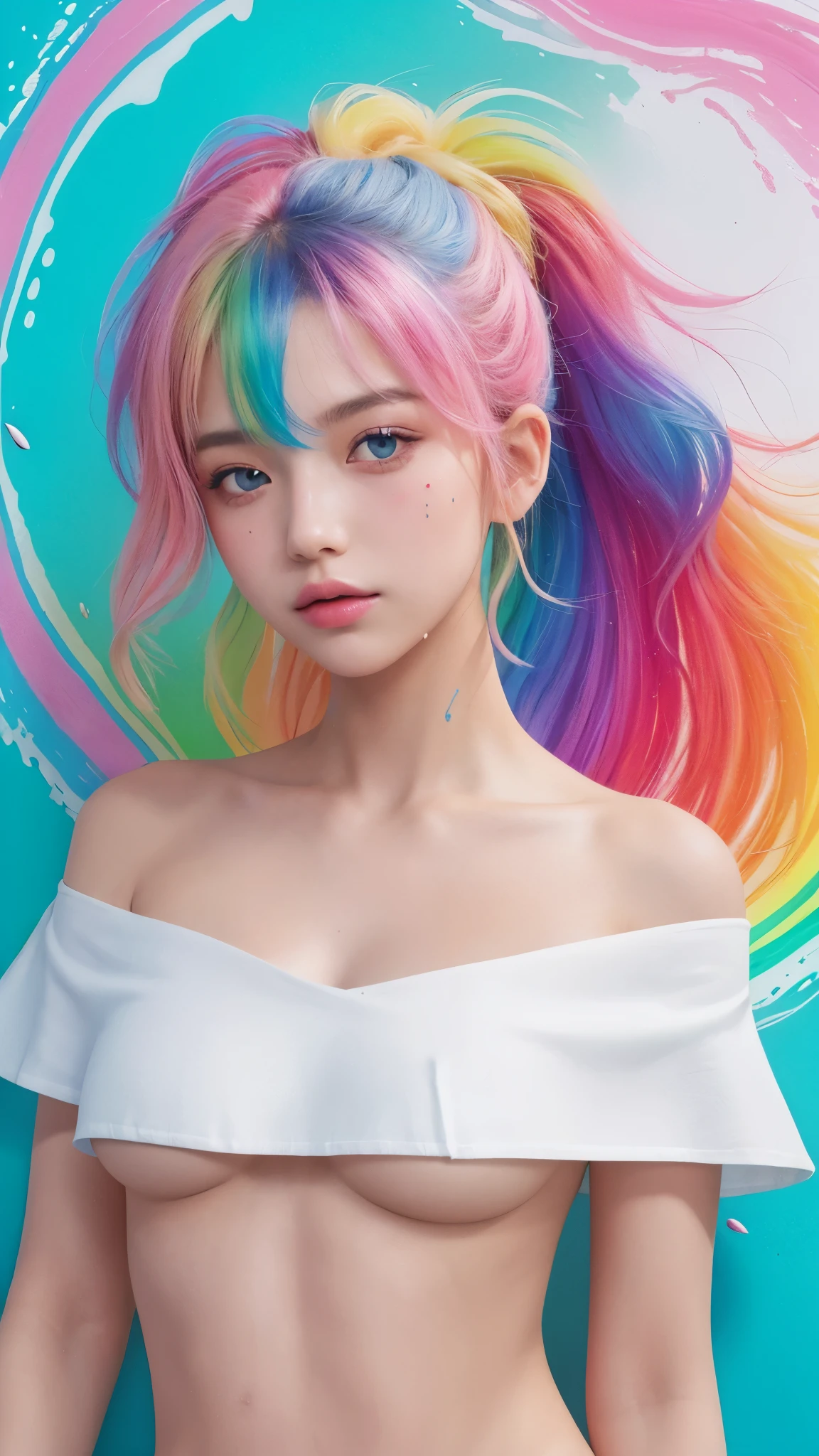 (Pink fashion T-shirt:1.9),(Colorful hair:1.8),(Rainbow all colors:1.8),((((Vertical painting:1.6))),(painting of a:1.6),frontage,comic strip,illustration,painting of a,largeeyes,crystal-clear,(rainbow color gradient high ponytail:1.7),Delicatemakeup,Keep one's mouth shut,(Small Fresh:1.5),(Bandeau:1.6),long eyelasher,White shoulder T- shirt, White Shoulder Shirt,looking at viewert,watery big eyes,A plump chest,cleavage,(rainbow colour hair:1.6), colored splashing, (Solo:1.8), colored splashing, Color explosion, Color splattering, Color explosion, Thick lacquer style,Messy lines,((Shining)) ,(Colorful), (Colorful), (Colorful), Colorful, Thick Paint Style, (Splash) (colored splashing), Vertical painting, Upper body, paint splatter, Acrylic Pigment, Gradient, Paint, Highest image quality, Highest image quality, Masterpiece, Solo, Depth of field, facepaint, Colorful clothes, (ellegance: 1.2), opulent, long whitr hair, ventania, (ellegance: 1.3), (petals: 1.4),(((Masterpiece))),(((Best quality at best))),((ultra - detailed)),(illustratio),(dynamic angle),((floatking)),(Paintwork),((Loose hair)),(Solo),(1girll) , (( (Detailed anima face))),((Beautiful detailed face)),collars,exposed bare shoulders,whaite hair,((The color hair)),((Striped hair)),Beautiful detailed eyes,(Gradient color eyes),(( (Colored eyes))),(((coloured background))),(((high saturated))),(((Surrounded by colorful splashes)))、、huge breasts、huge boobs、huge breasts、huge boobs、huge breasts、huge boobs、huge breasts、huge boobs、huge breasts、huge boobs、huge breasts、huge boobs、huge breasts、huge boobs、huge breasts、huge boobs、huge breasts、huge boobs、huge breasts、huge boobs、huge breasts、huge boobs、huge breasts、huge boobs、huge breasts、huge boobs、huge breasts、huge boobs、huge breasts、huge boobs、huge breasts、huge boobs、huge breasts、huge boobs、huge breasts、huge boobs、huge breasts、huge boobs、huge breasts、huge boobs、huge breasts、huge boobs、huge breasts、huge boobs、huge breasts、huge boobs、huge breasts、huge boobs、huge breasts、huge boobs、huge breasts、huge boobs、huge breasts、huge boobs、huge breasts、huge boobs、huge breasts、huge boobs、huge breasts、huge boobs、huge breasts、huge boobs、huge breasts、huge boobs、huge breasts、huge boobs、huge breasts、huge boobs、huge breasts、huge boobs、huge breasts、huge boobs、huge breasts、huge boobs、huge breasts、huge boobs、huge breasts、huge boobs、huge breasts、huge boobs、huge breasts、huge boobs、huge breasts、huge boobs、huge breasts、huge boobs、huge breasts、huge boobs、huge breasts、huge boobs、huge breasts、huge boobs、huge breasts、huge boobs、huge breasts、huge boobs、huge breasts、huge 、