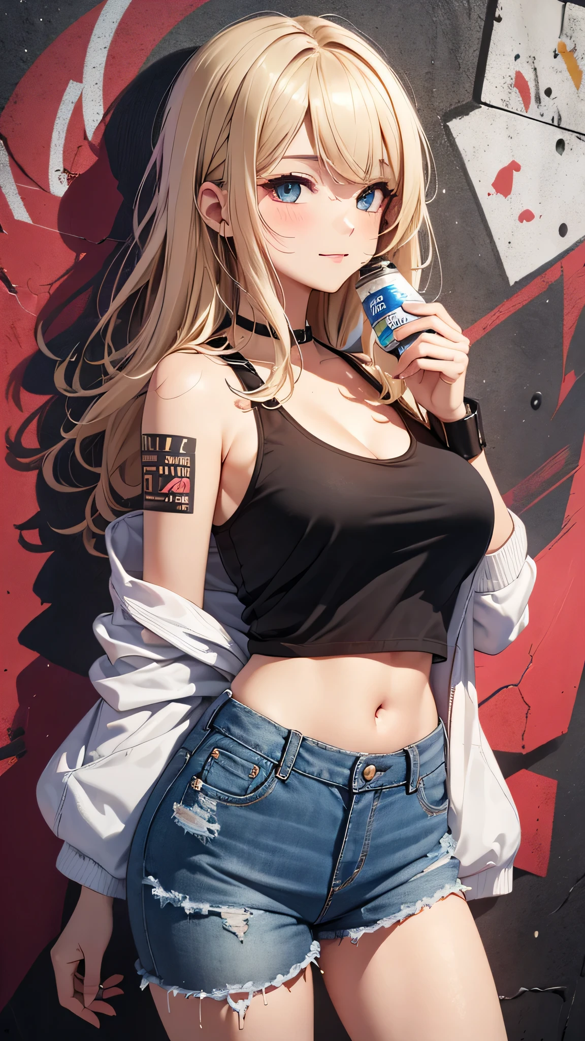 最high quality、best image quality、masterpiece、age girl((18-year-old、 By becoming、vest bust、medium bust,wide open breast tea、black eye, blonde hair、Habitual hair、long hair、thin,highest valley、navel black tank top、blue shorts、Holding a spray can、smug face、leaning forward、paint跡、Black leather jeans、turn around、Burikko)),high quality、beautiful art、background((Bright city、wall、graffiti、paint、Hawaii、Waikiki))debris flies、Depth of written boundary、movie、visual art、perfect art、8K,genuine