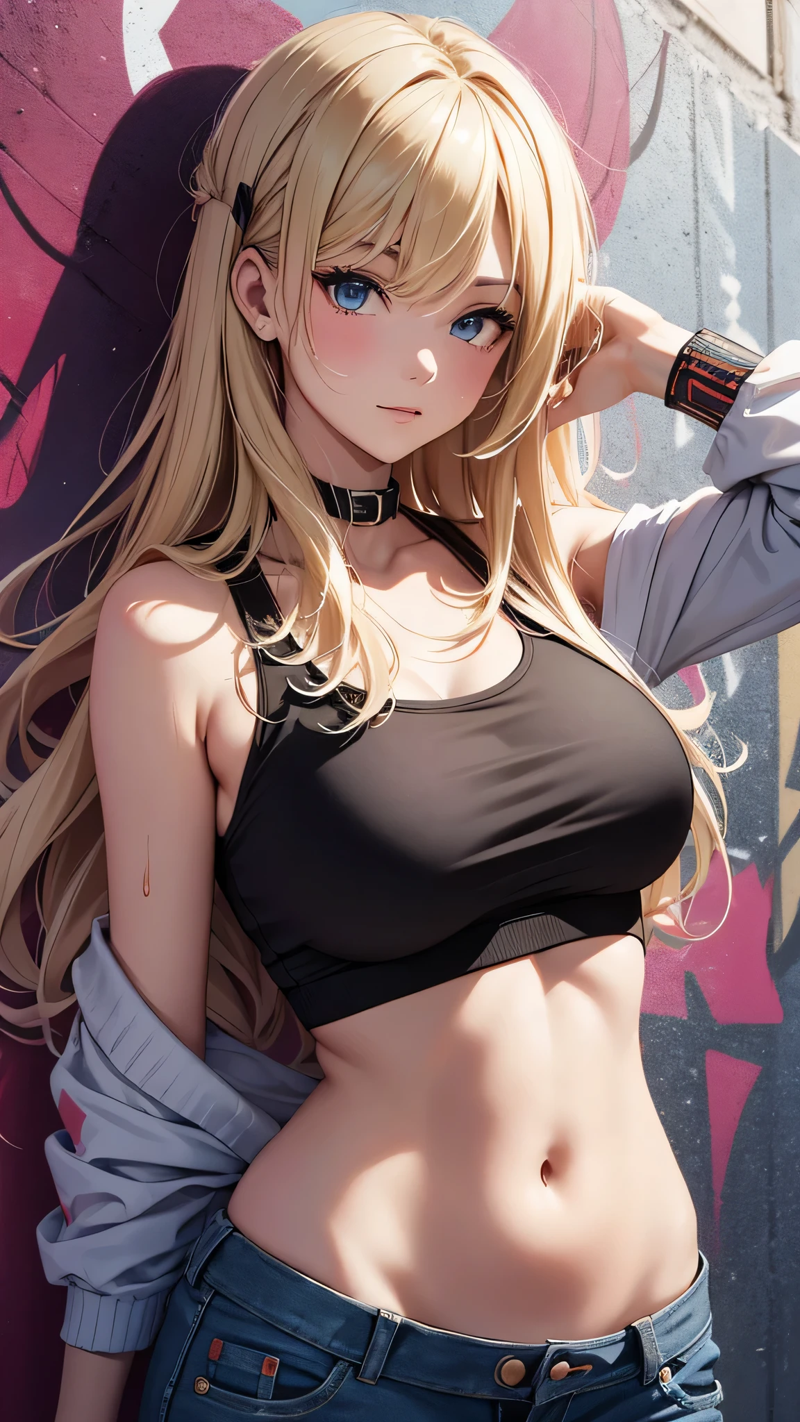 最high quality、best image quality、masterpiece、age girl((18-year-old、 By becoming、vest bust、medium bust,wide open breast tea、black eye, blonde hair、Habitual hair、long hair、thin,highest valley、navel black tank top、blue shorts、Holding a spray can、smug face、leaning forward、paint跡、Black leather jeans、turn around、Burikko)),high quality、beautiful art、background((Bright city、wall、graffiti、paint、Hawaii、Waikiki))debris flies、Depth of written boundary、movie、visual art、perfect art、8K,genuine